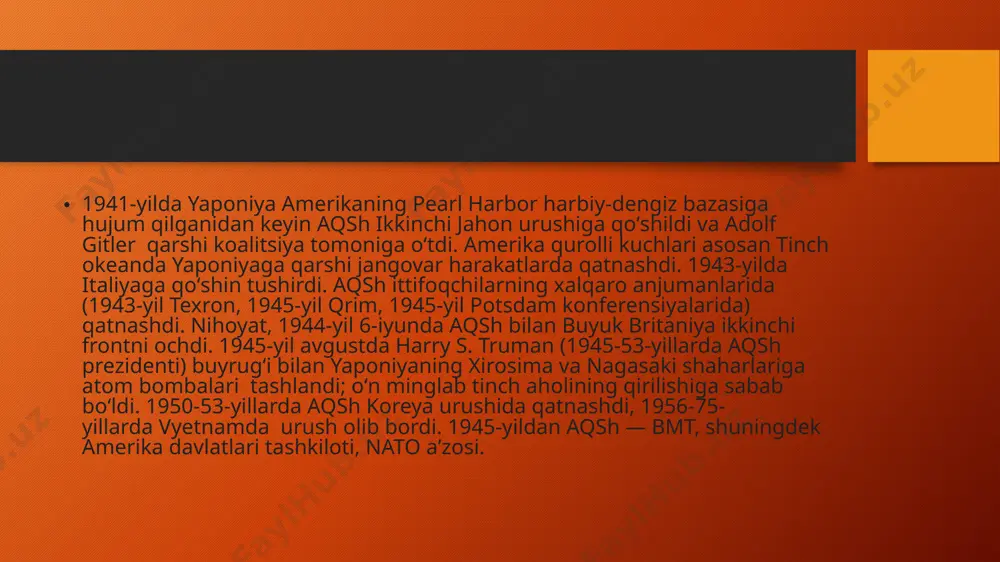 ga chaqirdi. u fashistik davlatlarning bosqinchilik harakatlarini ham keskin qoraladi. 1939-yil 26-iyul kuni aqsh yaponiya bilan savdo shartnomasini bekor qildi. 1939-yil 4-noyabrda ikkinchi jahon urushi boshlangandan soʻng betaraflik haqidagi qonun qayta koʻrib chiqildi va bu angliya hamda fransiyaga aqshdan qurol-yarogʻ sotib olish imkonini berdi. aholisi. aqshning hozirgi aholisi uch asosiy etnik tarkibiy qismdan: aqsh amerikaliklari, muhojirlar va tub joy aholisidan iborat. aqsh aholisining 82,8 % ni asli kelib chiqishi yevropaliklar, 12,6 % ni afrikaliklar, 3,6 % ni osiyoliklar, 1 % ni hindular, eskimoslar, aleutlar tashkil etadi. aholining 80 % shaharlarda yashaydi. aqsh amerikaliklari millat sifatida asosan 18-asrning 2-yarmida yevropaning turli mamlakatlaridan kelgan muhojirlarning aralashib ketishi natijasida tarkib topgan. afroamerikaliklar („qoralar“ deb ata-luvchi negrlar) aqsh amerikaliklarining irqiy-etnografik guruhi boʻlib, ular 17-19-asrlarda mamlakatga keltirilgan afrikalik qullarning avlodlaridir. afroamerikaliklar koʻp asrlar davomida ayirmachilik va kamsituvga duchor qilinishiga qaramay, afrikaliklarning oq tanlilar bilan jismoniy aralashuvi sodir boʻldi. duragaylar afroamerikaliklar umumiy sonining anchagina qismini tashkil …