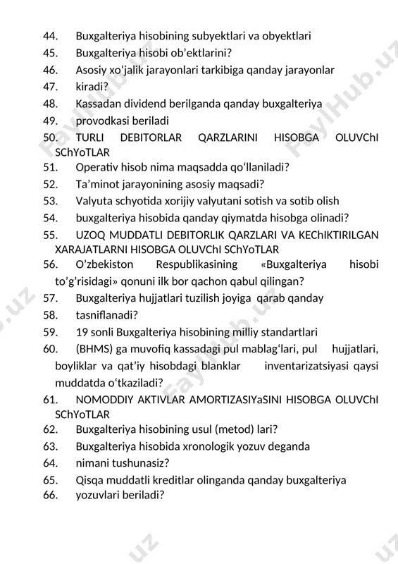alyutasi dеb nimaga aytiladi? 75. hisob registrlarini qanday ta’riflaysiz? 76. bank ko’chirmasi nima? 77. auditorlik xulosasini tuzishdan bosh tortish 78. balansda xo‘jalik muomalalari ta’sirida necha xil 79. o‘zgarish sodir bo‘ladi? 80. buxgalteriya hisobi registrlaridagi hatolarni tuzatish 81. usullarini? 82. xizmat safari buyicha xodimlarga bеrilgan bo’naklarni 83. hisobga olish uchun qaysi schyotdan foydalaniladi? 84. ijobiy auditorlik xulosa 85. buxgalteriya balansi necha qismdan iborat ? 86. buxgalteriya hisobini yuritish shakllarini ? 87. buxgalteriya hisobining obektlariga nimalar kiradi? 88. auditorlik xulosasini tuzishning yagona tartibini belgilovchi me’yoriy hujjatlari 89. uzoq muddatli aktivlar bu ? 90. korxonalarda buxgalteriya hisobini kim tashkil etadi? 91. bankdagi hisob raqamlaridan tashkilotlar olgan naqd 92. pullar qanday maqsadga sarflanadi? 93. auditorlik hisobotining tahliliy qismi 94. buxgalteriya balansining faqat aktiviga ta’sir 95. qiladigan muomalani ? 96. hisob siyosati – bu? 97. valyuta hisob varag‘idagi pul mablag‘lari bo‘yicha 98. kurs farqi qanday aniqlanadi? 99. auditorlik hisoboti 100. passiv schyotlarda nimalar hisobga olinadi? …