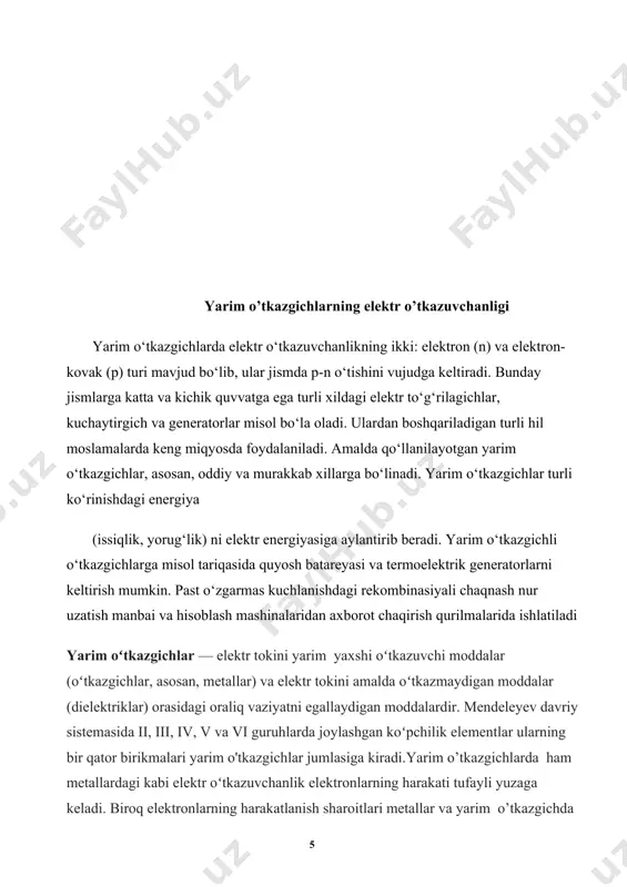 a erkin elektronlar safiga qoʻshiladi, binobarin tip oʻtkazuvchanlik ortadi. va, aksincha, undan oldingi oʻrinda turgan element atomi kiritilsa, atomlararo toʻla bogʻlanishda 1 ta elektron yetishmaydi, teshik hosil boʻladi. bunda rtip oʻtkazuvchanlik ortadi. qoʻshimcha birinchi holda donor (elektron beruvchi) qoʻshilma, ikkinchi holda esa akseptor (elektron oluvchi) qoʻshilma deb ataladi. shunday qilib,yarim o’tkazgich ning elektr oʻtkazuvchanligi xususiy va aralashmali oʻtkazuvchanliklar yigʻindisidan iborat boʻladi. yuqori tralarda xususiy oʻtkazuvchanlik, past tralarda esa qoʻshilmali oʻtkazuvchanlik asosiy rol oʻynaydi. yarim o'tkazgichlar oʻtkazuvchanligi jihatidan metall va dielektriklar orasidagi moddalar boʻlib, oʻz fizik xususiyatlarini turli tashqi taʼsirlar (masalan yoritish, isitish va hokazo) natijasida keng intervalda oʻzgartira olish xususiyatiga ega. yarimoʻtkazgichlar elektronika va mikroelektronikada juda keng qoʻllanilib, zamonaviy elektr jihozlarning deyarli hammasi - kompyuterlardan tortib to uyali aloqa telefonlarigacha barchasi yarimoʻtkazgichli texnologiyaga asoslangan. eng keng qoʻllaniladigan yarimoʻtkazgich modda kremniy boʻlib, boshqa moddalar ham keng qoʻllaniladi. yarim o'tkazgichlarning tuzilishi misol uchun yarim o'tkazgichning tipik vakili bo'lgan germaniyni qaraylik. uning tartib …
