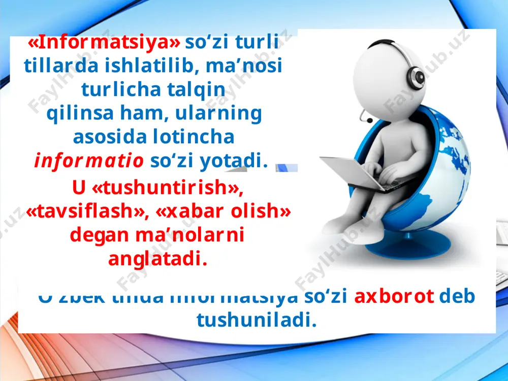 digan amallar va ularni qo‘llash usullarini o‘rganadigan fandir. informatikaning birlamchi, asosiy tushunchalari axborot, axborotli model, algoritm va kompyuterlardir. texnik vositalar – bu kompyuterning qurilmalari bo‘lib, ingliz tilida hardware so‘zi bilan ataladi, mazmuni esa «qattiq mahsulotlar» kabi tushuniladi. informatika quyidagi ikki qismning birligi sifatida qaraladi: texnik va dasturiy vositalar. dasturiy vositalar uchun juda qulay software so‘zi (mazmunan «yumshoq mahsulotlar») tanlangan (aniqrog‘i hosil qilingan) bo‘lib, u dasturiy ta’minot bilan mos mashina mutanosibligini, shu bilan birga dasturiy ta’minotning o‘zgarishi, moslashuvi va rivojlanishini ta’kidlaydi. dasturiy ta’minot – bu kompyuterlarda foydalaniladigan barcha dasturlarning majmui hamda ularni ishlab chiqish va qo‘llashning barcha sohasidir. savol va topshiriqlar: 1. informatika fanining o‘tmishdoshi qanday atalgan? 2. informatika faniga asos solinishi haqida so‘zlab bering. 3. axborot va bilish haqidagi forobiy fikrlarini tahlil qilib be ring. 4. axborot tushunchasini tahlil etib bering. 5. informatika fanining asosiy rivojlanish yo‘nalishlari haqida so‘zlab bering.
