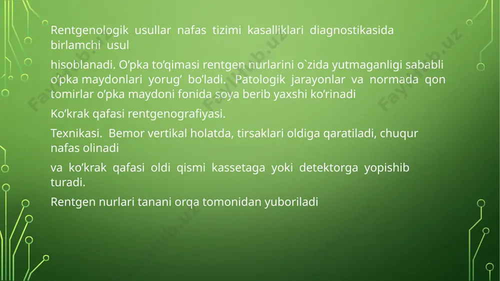 suyuqlik darajasi, kaverna – quruq. abssess va kaverna atrofida infiltrativ uzgarishlar kuzatiladi, kavernoz silda qo’shimcha o’choqli o’zgarishlar atrofida va boshqa o’pka maydonlarida. disseminasiyalar miliar (1-2 mm) va mayda (3-4 mm) o’choqlar. virus va zamburug’ pnevmoniyalar, o’tkir/o’tkir osti/surunkali disseminasiyalashgan tuberkulyezda,pnevmokoniozlarda, metastatik rakda va gemosiderozda uchrashi mumkin o’pka ildizi patologiyasi 1. o’pka arteriyasi kattalashishi – xronik o’pka kasalligi (fibroz+emfizema), emboliya, mitral kasalliklar, yurakning tug’ma nuqsonlari (chapdan-o’nga shuntlar), idiopatik gipertenziya, anevrizmasi 2. o’pka arteriyasi kichiklashishi – fallo tetradasi, o’pka arteriyasi stenozi, o’pka gipoplaziyasi. o’pka maydoni yorug’lanish sindromi 1. pnevmotoraks – plevra bo’shlig’iga havo kirib qolishi, pnevmotoraksda havo kirgan soxada o’pka surati kuzatilmaydi, o’pka konturi ko’krak qafasidan ajrab ko’rinib turadi. bujmaygan o’pka zichlashadi covid-19 ni instrumental tekshirish instrumental tekshiruvga; ekg, exokardiografiya, ko’krak qafasi rentgenogrammasi va kt kiritilgan. image2.png image3.png image4.png image5.png image6.png image7.png image8.png image9.png image10.png image11.png image12.png image13.png /docprops/thumbnail.jpeg