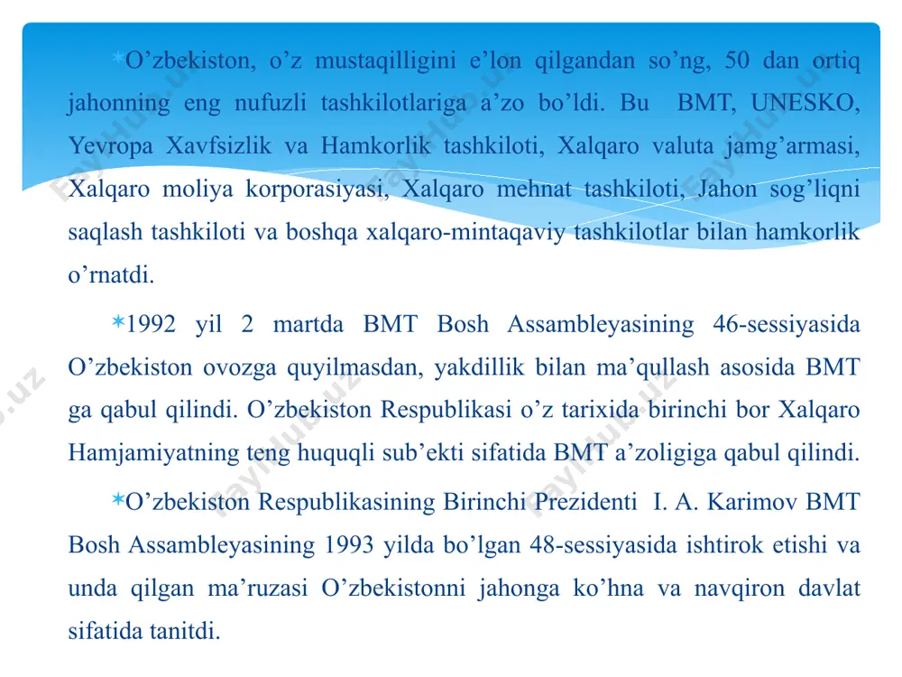 -huquqiy asoslarga doir 200 ta hujjat qabul qilingan. 2012-yilda iqtisodiyotning turli sohalarida istiqbolda amalga oshiriladigan 5 mlrd. dollar hajmga ega loyihalarga doir ikki tomonlama bitim imzolandi. 2013-yilda 2,12 mlrd. dollar hajmda o'zaro savdo amalga oshirildi. hozirgi davrda o'zbekistonda 420 ta janubiy koreya investitsiyalari ishtirokidagi korxonalar faoliyat yuritib, ulardan 80 tasi 100 foiz janubiy koreya kapitali ishtirokida ishlaydi308. image1.jpeg image2.jpeg image3.jpeg image4.jpeg image5.png image6.jpeg image7.jpeg image8.png