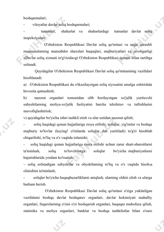 banklar va boshqa tashkilotlar bilan o'zaro hamkorlikda bajaradi. davlat soliq qo'mitasi zimmasiga yuklangan vazifalaiga muvofiq, quyidagi funksiyalarni bajaradi: 1) qonun hujjatlariga rioya etilishi, soliqlar to'g'ri hisoblanishi, to'liq va o'z vaqtida to'lanishi ustidan davlat nazoratini amalga oshiradi, mana shu maqsadda: -soliq solinadigan subyektlar va obyektlar, hisoblab chiqilgan va to'langan soliqlarning to'liq va o'z vaqtida hisobga olinishini, jismoniy shaxslar tomonidan tadbirkorlik faoliyati bilan shug'ullanish tartibiga rioya etilishi ustidan nazoratni ta'minlash; - soliq haqidagi qonun hujjatlarini buzish faktlarini to'plash, tahlil etish va baholash harnda soliqlar bo'yicha huquqbuzarliklarga yo'l ochib berayotgan sabablar va sharoitlarni bartaraf etish to'g'risida tegishli organlarga takliflar kiritish; -yuridik va jismoniy shaxslarga ular soliq to'lovchi sifatida ro'yxatga olinganliklari to'g'risidagi hujjatlarni, ro'yxatdan o'tkazish (identifikatsiyalash) tartib raqamlarini qonun hujjatlarida belgilangan tartibda berish; -soliq tushumlarini ta'minlash bo'yicha topshiriqlarni bajarish natijalarini tahlil etish; -jismoniy shaxslarning daromadlari yalpi deklaratsiya qilinishini bosqichma-bosqich joriy etish; -xorijiy investorlarning investitsiya faoliyatini soliq bilan tartibga solish chora-tadbirlarini ishlab chiqish, soliq siyosatini …