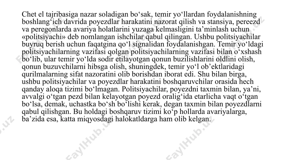 lgan. simli aloqa temir yo‘l transportida axborot uzatish uchun radioaloqa, simli, radioreleli va sputnikli (sun’iy yo‘ldosh orqali) aloqa tizimlari qo‘llaniladi. asosiy aloqa vositasi sifatida kabel va havo liniyali simli aloqalardan foydalaniladi. vazifasi bo‘yicha ular umum texnologik va operativ (tezkor) texnologik turlarga, amal hududi bo‘yicha magistral, yo‘l bo‘ylab, mintaqaviy, mahalliy va stansiya ichidagi aloqa turlarga bo‘linadi. umumtexnologik telefon aloqasi bir yoki yondosh stansiyalar ishchi xodimlarining xizmat yuzasidan o‘zaro gaplashishlari uchun qo‘llaniladi. bunday aloqa shaharlararo aloqalarga chiquvchi mahalliy aloqa tizimlari asosiyda tashkil qilinadi. operativ-texnologik aloqa tashish jarayonlarini tezkor boshqarish uchun xizmat qiladi. magistral aloqa davlatlar va temir yo‘llararo aloqalarda qo‘llaniladi. yo‘l bo‘ylab aloqa temir yo‘l boshqarmasi va mintaqaviy temir yo‘l uzellari, hamda yirik stansiyalar orasidagi aloqalarda qo‘llaniladi. bu turdagi aloqalar olis masofa aloqasi deyladi. mintaqaviy aloqa poyezd dispetcherligi, energetika, peregon, vagon dispetcherligi, liniyaviy – yo‘l, chipta (bilet) dispetcherligi kabi aloqa turlarini o‘z ichiga oladi. mahalliy aloqa stansiya, lokomotiv va vagon deposi, yo‘l, …