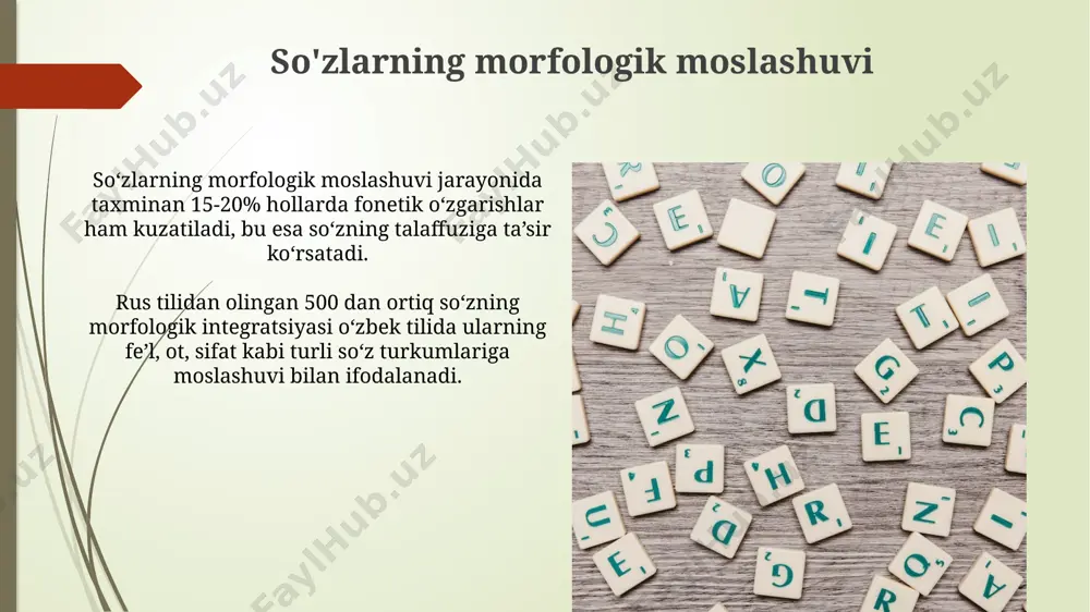 . leksik o'zlashtirish jarayonida, ya'ni so'z lug'atga kirgandan keyin, uning talaffuzi 2-4 variantga ega bo'lishi mumkin, bu o'zgarishlar so'zning fonetik xususiyatlariga bog'liq. difonglar va triftonglar difong va triftonglarning talaffuzi soʻzning kelib chiqishi va uning fonetik tuzilishiga bogʻliq boʻlib, koʻpincha oʻzbek tilidagi fonetik qonunlarga moslashtiriladi. bu jarayon natijasida ularning talaffuzi biroz oʻzgaradi. triftonglar uchta unli tovushning birlashgan talaffuzini anglatadi. ular kamdan-kam uchraydi va asosan qarzlangan soʻzlar tarkibida kuzatiladi, masalan, ba’zi inglizcha soʻzlarda uchraydi. o'zbek tilidagi talaffuz me'yorlari inglizchadan olingan taxminan 500 dan ortiq soʻz oʻzbek tiliga moslashtirilgan holda qoʻllaniladi. ularning aksariyati morfologik jihatdan oʻzgarishlarga uchraydi va qoʻshimchalar qoʻshiladi. rus tilidan olingan soʻzlarning talaffuzi, asosan, rus tilidagi talaffuzga yaqin, lekin 15 ga yaqin fonetik oʻzgarishlar kuzatiladi. buning sababi – oʻzbek tili fonetik tizimining xususiyatlari. e'tiboringiz uchun rahmat @taqdimot_robot image1.jpg image2.jpg image3.jpg image4.jpg image5.jpg image6.jpg image7.jpg image8.jpg image9.jpg image10.jpg image11.jpg image12.jpg image13.jpg image14.jpg image15.jpg image16.jpg image17.jpg