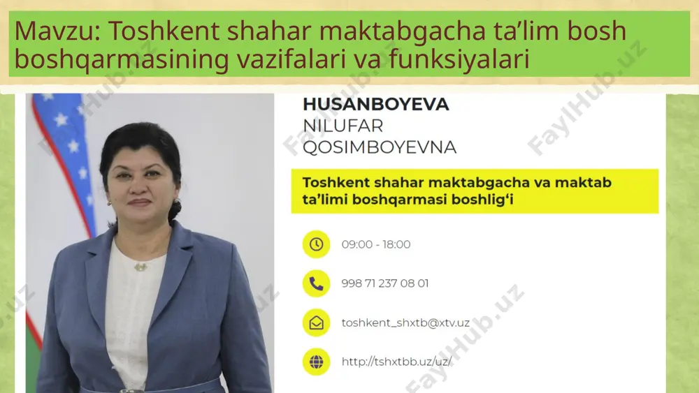 o‘yicha ilg‘or va shaffof tashkiliy-huquqiy mexanizmlarni joriy etish; «mehribonlik» uylari faoliyatini takomillashtirish, ota-onalar qarovisiz qolgan bolalarning ijtimoiy-psixologik reabilitatsiyasini va huquqiy himoya qilinishini ta’minlash, ularning ijtimoiy-mehnat ko‘nikmalarini hosil qilishiga va jamiyatga uyg‘unlashuviga ko‘maklashish; umumiy o‘rta va maktabdan tashqari ta’lim muassasalari tomonidan davlat ta’lim standartlari va talablarining bajarilishining tizimli monitoringini olib borish; umumta’lim muassasalarining 10-11-sinflari o‘quvchilariga kasb-hunar ta’limini ta’minlash bo‘yicha faoliyatni muvofiqlashtirish; maktabgacha va maktab ta'limi vazirligi tizimidagi muassasalarning moddiy-texnik bazasini mustahkamlash, ularning bino va inshootlaridan foydalanish bo‘yicha ishlar monitoringini olib borish va ushbu ishlarni muvofiqlashtirish. quyidagilar bosh boshqarmaning asosiy vazifalari hisoblanadi: vazirlikka yuklangan vazifalar va funksiyalar samarali bajarilishini taʼminlashda ishtirok etish; toshkent shahar va mahalliy hokimliklar, prokuratura, ichki ishlar va davlat soliq xizmati hududiy organlari rahbarlari boshchilik qiladigan kompleks ijtimoiy-iqtisodiy rivojlantirish boʻyicha sektorlar (bundan buyon matnda kompleks ijtimoiy-iqtisodiy rivojlantirish boʻyicha sektorlar deb ataladi) bilan hamkorlik qilish; 8 umumiy oʻrta va maktabdan tashqari taʼlim muassasalarida oʻquv-metodik faoliyatni muvofiqlashtirish va axborot-kommunikatsiya texnologiyalarini joriy …