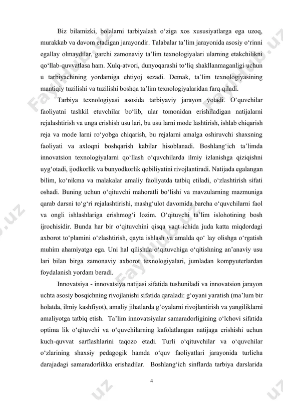 xnologiyalaridan farq qiladi. tarbiya texnologiyasi asosida tarbiyaviy jarayon yotadi. o‘quvchilar faoliyatni tashkil etuvchilar bo‘lib, ular tomonidan erishiladigan natijalarni rejalashtirish va unga erishish usu lari, bu usu larni mode lashtirish, ishlab chiqarish reja va mode larni ro‘yobga chiqarish, bu rejalarni amalga oshiruvchi shaxsning faoliyati va axloqni boshqarish kabilar hisoblanadi. boshlang‘ich ta’limda innovatsion texnologiyalarni qo‘llash o‘quvchilarda ilmiy izlanishga qiziqishni uyg‘otadi, ijodkorlik va bunyodkorlik qobiliyatini rivojlantiradi. natijada egalangan bilim, ko‘nikma va malakalar amaliy faoliyatda tatbiq etiladi, o‘zlashtirish sifati oshadi. buning uchun o‘qituvchi mahoratli bo‘lishi va mavzularning mazmuniga qarab darsni to‘g‘ri rejalashtirishi, mashg‘ulot davomida barcha o‘quvchilarni faol va ongli ishlashlariga erishmog‘i lozim. o‘qituvchi ta’lim islohotining bosh ijrochisidir. bunda har bir o‘qituvchini qisqa vaqt ichida juda katta miqdordagi axborot to‘plamini o‘zlashtirish, qayta ishlash va amalda qo‘ lay olishga o‘rgatish muhim ahamiyatga ega. uni hal qilishda o‘qituvchiga o‘qitishning an’anaviy usu lari bilan birga zamonaviy axborot texnologiyalari, jumladan kompyuterlardan foydalanish yordam beradi. innovatsiya - innovatsiya natijasi sifatida …