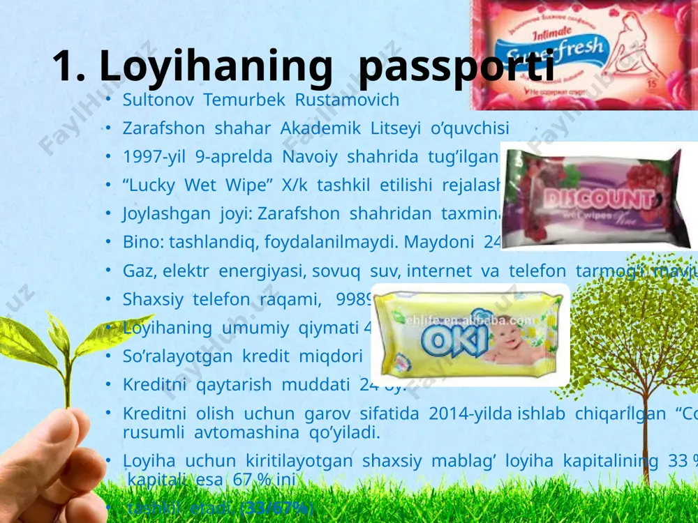 ta, 1.q) 980 000 9 800 000 oddiy salfetka 6000 ta (120 qadoq) 300 so’m (50 ta, 1.q) 252 000 2 520 000 jami bir oylik tushum: 12 320 000 1 yillik tushum = 147 840 000 bir dona mahsulot tannarxi (namlantirilgan, oddiy salfetka) o’lchov birligi 1 dona mahsulot uchun miqdori narxi (so’m) 1 qadoq (15 dona) mahsulotga xarajat material m2 0.02 18 270 kimyoviy suyuqlik gr 5 15 225 ish haqi - - 5.6 84 elektr energiya kw - 1,2 18 amortizatsiya - - - 3 jami bir qadoq mahsulot tannarxi 600 tovar tannarxi ustiga qo’yiladigan rentabellik (1 qadoq, 15 dona uchun) - 100 so’m. mahsulotning bozorga chiqarilish narxi - 700 so’m ni tashkil etadi. ************************************************************ oddiy salfetkaning 1 donasi uchun tannarx – 5 so’m ni tashkil etdi. bu 1 qadoq (50 dona) tannarxi – 250 so’m bo’ladi. oddiy turdagi salfetkalar uchun rentabellik – 50 so’m. mahsulotning bozorga chiqarilish …