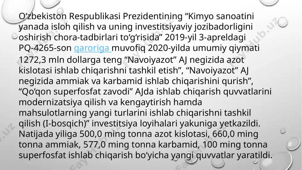 ologik klasterlar tashkil etiladi. bu xorijiy investorlarni jalb qiladi, fan va ishlab chiqarishning o‘zaro ta’sirini kuchaytirish, shuningdek, yangi texnologiyalarni tatbiq etishga asoslangan yangi innovatsion mahsulotlarni ishlab chiqarishga turtki beradi. foydalanilgan adabiyotlar erkayev a.u., reymov a.m., nurmurodov t.i., umirov f.e. mineral o’g’itlar ishlab chiqarish nazariyasi va texnologik hisoblari. o’quv qo’llanma. «faylasuflar» nashriyoti. toshkent: 2021. 341 varoq. t.a.otaqo`ziev, q.a.ahmerov, s.m.turobjonov. umumiy kimyoviy texnologiya. toshkent. “niso poligraf”, 2013. 600b x.ch.mirzakulov, i.t.shamshidinov, z.to`raev. murakkab o`g`itlar ishlab chiqarish nazariyasi va texnologik hisoblari. toshkent. “tafakkur bo`stoni”, 2013. 216 b. image3.png image4.png image5.png image6.png image1.png