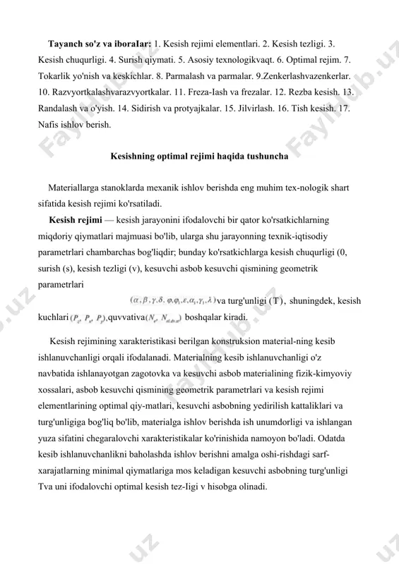 uvchi asbobning turg'unligi tva uni ifodalovchi optimal kesish tez-iigi v hisobga olinadi. biror detalni kesib ishlash orqali tayyorlashda ish unumdorligi va iqtisodiy jihatdan baholashda bir detal uchun sarf qilingan vaqt tushunchasidan foydalaniladi. bunday vaqt quyidagicha aniqlanadi: bu yerda: asosiy texnologik vaqt (yoki mashina vaqti) bo'lib, bu vaqt to'g'ridan to'g'ri kesish jarayoni uchun sarf bo'ladi (kesuv​chi asbobning bosib o'tgan yo'li: l - detaining kesib ishlangan qismi uzunligi; va- kesuvchi asbobning kirish va chiqish uzunliklari; s - surish qiymati, mm/ayl; n - zagotovkaning aylanish chastotasi, o'tishlar soni; - yordamchi vaqt (stanokni boshqarish, zagotovkani o'rnatish, tayyor bo'lgan detalni bo'shatish kabilarga sarf etiladi); ish joyiga texnik va tashkiliy xizmat ko'rsatish (zagotovkani ish joyiga keltirish, detal va asboblarni transportirovka qilish va boshqalar) vaqti; ish davomida zaruray tanaffuslat uchun ajratugan vaqt. ni kamaytirishning asosiy rezervi - stanoklarda bajariladigan ishlarni avtomatlashtirish (programrnali dastur bo'yicha boshqarila-digan -pdbb- stanoklarni, avtomatlashtirilgan tezda qayta sozlanuv chi modullar, sistemalar va ishlab chiqa-rishlarini …