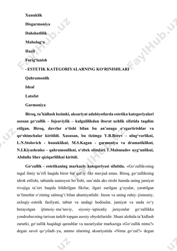 sifati bizning manfaatimiz uchun hamoxang bо‘lmasa yoki bizning maqsadlarimizga mos kelmasa u har qancha maftunkor bо‘lmasin gо‘zallik sifatida baxolanmaydi. shu о‘rinda gо‘zallik tushunchasi «chiroyli», «kо‘rkam», «nafis», «jozibador», «maftunkor», «latofatli» kabi tushunchalarga nisbatan kengqamrovli va ustuvor ekanligini alohida ta’kidlash joiz. ayniqsa, gо‘zallik bilan kundalik turmushimizda tez–tez tilga olinadigan «chiroylilik» tushunchasi orasida muayyan tafovutlar mavjud. chiroylilik – narsalarning tashqi kо‘rinishini, holatini, bajarilgan ish yoki qilingan harakatdagi о‘zaro hamohanglikni ifodalovchi tushuncha. chiroylilik insonlarda yoqimli taassurot qoldiradi, ammo ayni bir paytda о‘sha chiroyli bо‘lgan narsa–hodisa yoqimsiz holatlarni ham vujudga keltiradi. masalan, «bangidevona» о‘simligining guli oppoq, chiroyli bо‘ladi. ammo, gulining hidi yoqimsiz, tanasidan sassiq xid chiqadi. shu ma’noda aytishimiz mumkinki, chiroylilik narsa–hodisaning yoki shakl yoki mazmunidagi xususiyatni aks ettirishi bilan kishida yoqimli taassurot qoldiradi. shuning uchun ham narsa–hodisalarning faqat shakl (tashqi) yoki faqat mazmun (ichki) mohiyatiga qarab unga gо‘zallik iborasini ishlatish о‘rinli emas. zero, gо‘zallik narsa–hodisalarning faqat bir tomoninigina aks ettirmaydi, aksincha u mazmun bilan …