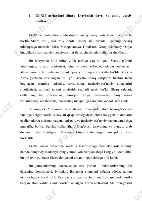 lifalik hukmdorlari sanalgan хorun ar-rashid, ma’mun yoxud ona yurtimiz ma’rifatparvar hukmdorlari: nasr, ismoil somoniylar, mahmud g’aznaviy, malikshox, nizomulmulk, jaloliddin manguberdi, amir тemur, mirzo ulug’bek, husayn boyqaro, bobur mirzo va boshqalar timsolida aniq-ravshan ko’rishimiz mumkin. sharq uyg’onish davri o’z mazmun-mohiyatiga ko’ra quyidagi muhim omillar va hususiyatlari bilan yaqqol ajralib turadi: 1) madaniyatda dunyoviy bilimlar, islom axkomlari, aqidalarning rivojlanishi, ularning jamiyat va odamlar manfaatlari nuqtai nazaridan talqin etilishi; 2) turli davlatlar, xalqlarning (arab, eron, yunon, xind, turkiy va bosh.) madaniy meroslari, qadriyatlari, yutuqlari, ma’naviy boyliklaridan foydalanish zarurligi; 3) astronomiya, matematika, minerologiya, jug’rofiya, kimyo va boshqa tabiiy fanlar rivoji; 4) uslub (metodologiya)da ratsionalizm (oqilonalik), mantiqning ustuvorligi; 5) insoniy do’stlik, yuksak axloqiylik g’oyalarining targ’ib etilishi, komil inson shaxsini shakllantirib voyaga yetkazish; 6) falsafa va tarix fanlarining o’sishi; 7) adabiyot, musiqa, badiiy madaniyat, notiqlikning keng rivoj topishi; 8) bilimdonlik, donishmandlikning qomusiy tarzda keng e’tirof topishi va x.k. uyg’onish davrining bu asosiy omillari va xususiyatlari dunyoviy …