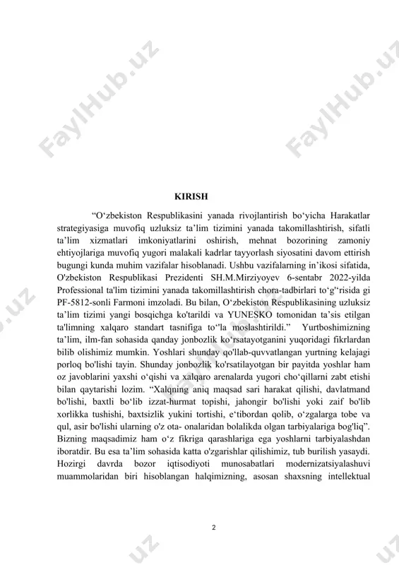 f bo'lib xorlikka tushishi, baxtsizlik yukini tortishi, e‘tibordan qolib, o‘zgalarga tobe va qul, asir bo'lishi ularning o'z ota- onalaridan bolalikda olgan tarbiyalariga bog'liq”. bizning maqsadimiz ham o‘z fikriga qarashlariga ega yoshlarni tarbiyalashdan iboratdir. bu esa ta’lim sohasida katta o'zgarishlar qilishimiz, tub burilish yasaydi. hоzirgi dаvrdа bоzоr iqtisоdiyoti munоsаbаtlаri mоdеrnizatsiyalashuvi muаmmоlаridаn biri hisоblаngаn hаlqimizning, аsоsаn shахsning intеllеktuаl mаdаniyat dаrаjаsi bilаn jаmiyat intеllеktuаl mаdаniyatini o‘zаrо аmаl qilish dоirаsi, bir-biri bilаn tа’sirlаshuv хususiyatlаrini ijtimоiy-fаlsаfiy vа mаdаniy jihаtdаn tаdqiq etish rеspublikаmizdа mutахаssis-kаdrlаrni zаmоnаviy ilm-fаnning ilg’оr yutuqlаrini аmаliy hаyotgа qo‘llаy оlаdigаn yuksаk ilmiy sаlоhiyatgа egа bo‘lgаn ziyoli insоn sifаtidа tаrbiyalаsh jаrаyonidа yo‘l qo‘yilishi mumkin bo‘lgаn хаtо-kаmchiliklаrni оldini оlishgа yordаm bеrаdi. kurs ishi mavzusining o‘rganilganlik darajasi. yoshlarga yaratilayotgan imkoniyatlar ko‘lamini takomillashtirishga doir ko‘plab ilmiy tadqiqotlar olib borilgan va bu jarayon bugungi kunda ham davom etmoqda. o‘zbekistonda o‘qituvchi pedagogik ahloqini takomillashtirishga qaratilgan pedagogik jarayonni yaxlit tizim sifatida o‘rganish masalalari h.abdukarimov, a.mamajonov, n.muslimov, b.rahimov, n.sayidahmedov, o‘.tolipov, sh.sharipov, n.shodiyev, …