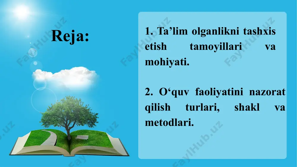 ga bo‘lgan baholash huquqidan aql bilan foydalanishga chaqirgan. ta’lim oluvchilarga nisbatan nazoratning obyektiv bo‘lishiga erishish didaktik tizimlarning asosida yotadi. olimlarning ta’kidlashicha, demokratlashgan ta’lim tizimida yuzaki (formal) nazorat bo‘lmasligi lozim. (1592-1670) (1927-2020) baholashda v.f.shatalov o‘quvchilarning bilim, malaka va ko‘nikmalarini bosqichma-bosqich nazorat qilishning bosh muammosini hal qildi. “har bir baho avvalambor, o‘quvchida ijobiy e’tiborni qo‘zg‘atadigan vosita, turtki bo‘lib xizmat qilishi lozim. ikki baho salbiy hislarga sabab bo‘ladi, o‘qituvchi va fan bilan ziddiyatni kеltirib chiqaradi, ” - dеb ta’kidlaydi. u bun­day konfliktli vaziyatlarni bartaraf qiladi. umumiy o‘rta ta’lim sifatini nazorat qilishning turlari quyidagilardan iborat: - davlat-jamoatchilik nazorati ichki nazorat milliy va xalqaro darajada baholash 1 2 3 4 tashqi nazorat xalqaro baholash dasturlari 1. pisa – (programme for international student assesment) 2. pirls – (progress in international reading literacy study) 3. timss – (trends in international mathematics and science study) 4. talis – (teaching and learning international survey ) 15 yoshli o‘quvchilarning o‘qish, …