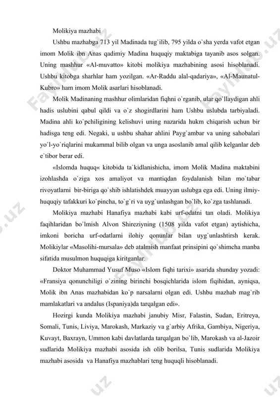ulloh muhammad ibn idris ibnabbos ibn usmon ibn shofi` 767 yil g`azoda tug`ilib, 820 yilda misrda hayotdan ko`z yumgan. u kishi maka olimlarida fiqh ilmini o`rganganidan keyin madinaga borib, molik ibn anasdan fiqh ilmini o`rgandi. molik vafotidan keyin yamanga undan keyin bag`dodga safar qildi. shofi` iroqda istiqomat qilgan chog`ida abu xanifaning shogirdi muhammad ibn hasan shayboniydan fiqh ilmi bo`yicha iroq ahli yo`nalishini o`rgandi. shofi` olgan o`z ta`limotlarni qaytadan ishlab chiqib, ularga ayrim o`zgartirishlar hamda qo`shimchalar kiritadi va o`ziga xos uslubni yaratishga muvaffaq bo`ldi. uning fiqihiy uslubi qur`on, sunna, ijmo va osorga tayanadi, qiyoslash, fatvo berish uchun asos hisoblanadi. fiqh bo`yicha uning mashhur asari «kitobul-umm» va usulul fiqh bo`yicha «ar-risola» asari shofi`iy mazhabining asosiy manbai hisoblanadi. shofi` birinchi bo`lib usuli fiqh qoidalarini tartibga solgan.shofi`iy o`zining ilk madina huquqiy maktabining bir a`zosi hisoblasa ham, uning nazariyalarida shar`iy istidlol o`z rivojining oliy darajasiga olib borgan. payg`ambardan rivoyat qilingan hadislarga chuqur ishonchi unga boshqa …