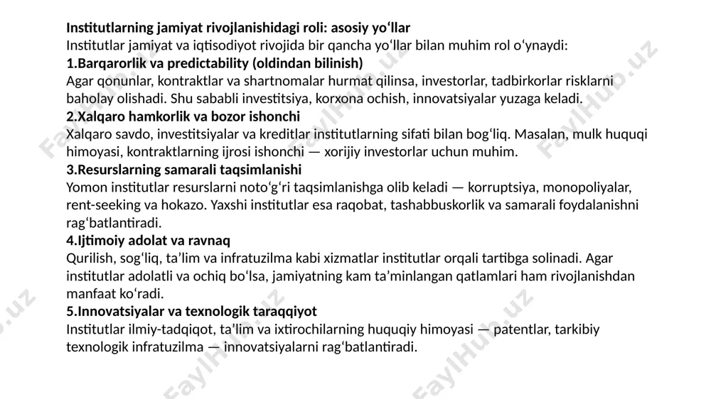 obinson kabi olimlar bu haqda ko‘p yozishgan. kontekstga bog‘liqlik: bir institut bir joyda yaxshi ishlasa, boshqa joyda sharoit boshqa bo‘ladi — madaniyat, tarix, geosiyosiy holat. shuning uchun institutlarni import qilish (boshqa davlatdan nusxa olish) har doim samarali bo‘lmaydi. o‘lchash (measurement) qiyinchiliklari: institutlar sifatini baholashda indikatorlar — korrupsiya darajasi, hukumat samaradorligi, sud mustaqilligi — turli manbalarga asoslanadi va subyektivlik bo‘lishi mumkin. bu tadqiqotlarda natijalarni taʼsir qiladi. doaj vaqt omili: institutlar o‘zgarishi va rivojlanishi vaqt talab qiladi. qisqa muddatda institutsional islohotlar o‘z samarasini bermasligi mumkin. tahlil: nega institutlarga e’tibor qilish kerak? jamiyat rivojlanishida institutlar markaziy o‘rin tutadi, chunki ular: iqtisodiy jarayonlarni barqaror qiladi; investorlar va fuqaro uchun oldindan bilinishni (certainty) oshiradi; ijtimoiy nizolarni kamaytiradi, ishonch muhitini yaratadi; resurslarni samarali taqsimlashga xizmat qiladi; adolat, tenglik va ijtimoiy barqarorlikni qo‘llab quvvatlaydi; innovatsiyalar va texnologik taraqqiyotga ruhiyat yaratadi. agar institutlar zaif bo‘lsa yoki faqat nominal ko‘rinishda bo‘lsa: korrupsiya, yomon qonun ijrosi, siyosiy beqarorlik investor va …
