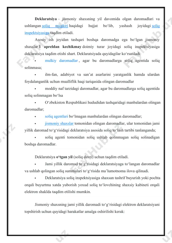 yurishi va arizani to‘ldirishi lozim. eri bepul beriladi. shundan so‘ng davlat xizmatlari markazi xodimi erini ma’lumot tashuvchiga (fleshkaga) yuklab beradi; · ikkinchidan, soliq organlarining elektron davlat xizmatlari portaliga my.soliq.uz kirib, “elektron soliq deklaratsiyalarini qabul qilish va qayta ishlash” interaktiv xizmatini tanlash; · uchinchidan, zarur ma’lumotlarni kiritish. ma’lumotlar bosqichma-bosqich kiritib boriladi. jismoniy shaxslar jami yillik daromad to‘g‘risidagi deklaratsiyaning ma’lumotlariga ko‘ra hisoblab chiqarilgan soliqni o‘tgan soliq davridan keyingi yilning 1-iyunidan kechiktirmay to‘laydilar. · soliq to‘lovchilar hisoblangan soliqni to‘lov xabarnomasida ko‘rsatilgan bank hisob raqamiga pul ko‘chirish yo‘li bilan yoki elektron to‘lov tizimi (upay va payme) orqali amalga oshirishlari mumkin. · jismoniy shaxslar hisoblab chiqarilgan soliqni chet davlatda joylashgan bank hisobvarag‘idan chet el valyutasida to‘lashi mumkin. bunda milliy valyutada ifodalangan soliq o‘zbekiston respublikasining markaziy banki tomonidan belgilangan soliq to‘langan sanadagi kurs bo‘yicha chet el valyutasida qayta hisoblab chiqariladi. · soliq organlari tomonidan hisoblab chiqariladigan soliqni to‘lash to‘lov xabarnomasida ko‘rsatilgan muddatlarda amalga oshirilishi kerak. · …