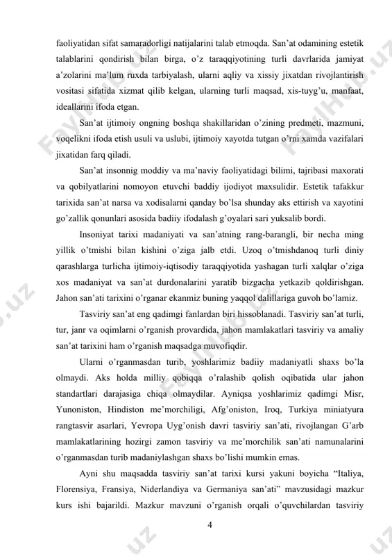 an tanishtirishdan iboratdir. kurs ishining vazifasi. qoyilgan maqsadga tayangan holda tadqiqot ishida quyidagi vazifalar belgilanadi: -tasviriy san’at darslarida o’quvchilarning estetik tarbiyasini shakillantirish; -tasviriy san’at , tarixi kursi bo’yicha yevropadavlatlari san’ati bilan o’quvchilarni tanishtirish; -mavzu orqali talabalarda italiya, fransiya, niderlandiya, germaniya, flarensiya san’ati tarixi haqida tushunchalar hosil qilish; -nazariy bilimlarni amaliyotda qo’llash ko’nikmasini shakillantirish; -mavzuni o’rgatishda didaktik o’yiblardan foydalanish orqali bilim berish; -tasviriy san’at mashg’ulotlari jarayonida tanlangan mavzu asosida rasim chizishning oddiy usullarini ishlab chiqish; kurs ishining metodologiyasi. o’zbekiston respublikasi konstitutsiyasi, ozbekiston respublikasining “ta’lim to’grisida”gi qonun, “kadirlar tayyorlash milliy dasturi”, o’zbekiston respublikasi prezidentining asarlari va ma’ruzalarida bayon qilingan ta’limni isloh qilish, o’quvchilarda ma’naviy-ahloqiy madaniyatini shakillantirishga oid yondashuvlar, sharq mutaffakkurlarining asarlarida ma’naviy-ahloqiy tushunchalar haqida qarashlar, ta’lim jarayonini takomillashtirishga yo’naltirilgan o’zbekiston respublikasi vazirlar mahkamasining qarorlari, xalq ta’limi vazirligining buyruqlari, mavzuga oid ilmiy-pedagogik, psixologik va metodik adabiyotlar. kurs ishining tuzilishi. kirish, asosiy qism, asosiy qism esa oltita paragrf, umumiy xulosalar va tavsiyalar, foydalanilgan adabiyotlar …