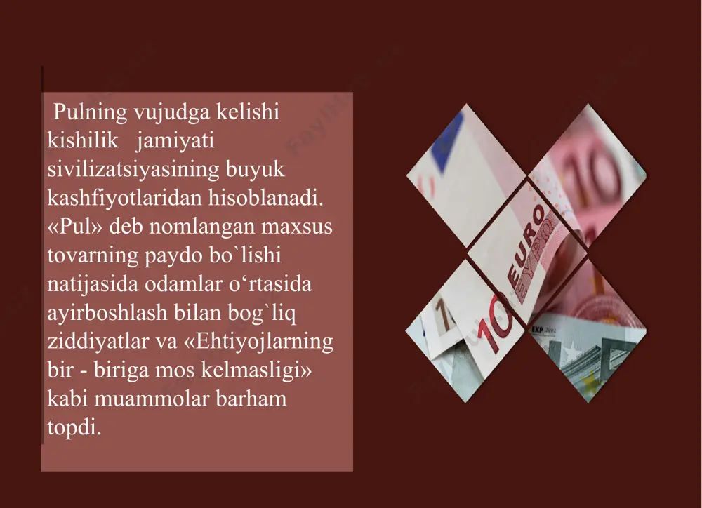 oshladi. demak, ayirboshlash «a» va «b» tomonlar o‘rtasidagi o‘zaro kelishuv natijasida sodir bo`ladigan jarayon bo`lib, «a» o‘ziga tegishli tovar voki xizmatini «b» tomonning tovar yoki xizmati uchun berishdir, madomiki. ushbu almashuv jarayoni ikki tomonga ham iqtisodiy jihatdan bog`liq bo`lib, «a» tomon voz kechgan tovar yoki mahsulot o‘rniga o`zi uchun zarur bo`lgan, undan ham foydaliroq tovar yoki xizmatni oladi. dehqonchilik chorvachilik hunarmandchilik mehnat taqsimotining paydo bo’lishi iqtisodiy adabiyotlarda pulning vujudga kelishini yoritishda asosiy e'tibor, uning qiymat shaklining rivojlanish evolyutsiyasiga qaratiladi. chunki, pulning vujudga kelishida uning qiymat shakllari juda muhim o'rin tutadi. pulning qiymat shakllari, asosan, beshta ko'rinishdan iboratligi e'tirof etilib, ular yuqoridagilardan iborat: qiymatning kengaytirilgan shakli 02 qiymatning pul shakli qiymatning umumiy shakli 03 04 qiymatning oddiy shakli 01 qiymatning qog’oz-pul shakli 05 bozor munosabatlarining rivojlanishi va mehnat taqsimotining tobora takomillashib borishi metall pullardan ma’lum shakl va miqdorga ega boigan tangalami zarb qilish zaruriyatini keltirib chiqardi. tarixiy manbalarga ko ra, dastlabki …