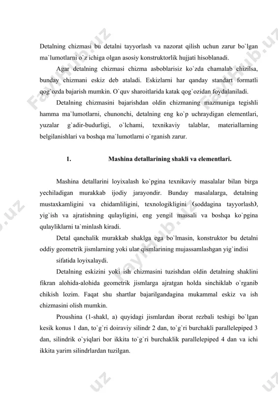 1 dan, to`g`ri doiraviy silindr 2 dan, to`g`ri burchakli parallelepiped 3 dan, silindrik o`yiqlari bor ikkita to`g`ri burchaklik parallelepiped 4 dan va ichi ikkita yarim silindrlardan tuzilgan. 1-shakl 2-shaklda eng ko`p uchraydigan mashina detallari elementlarining tasviri va nomlari keltirilgan 2-shakl har xil tozalik klasslari uchun ra va rz parametrlar qiymati (gost 2789-59 bґyicha) 10-jadval yuzalarning tozalik klasslari ra rz baza uzunligi, l mm da mkm da ko`pi bilan 1 2 3 4 1 2 3 80 40 20 320 160 80 8 4 5 10 5 40 20 2,5 6 7 8 2,5 1,25 0,63 10 6,3 3,2 0,8 9 10 11 12 0,32 0,16 0,08 0,04 1,6 0,8 0,4 0,2 0,25 13 14 0,02 0,01 0,1 0,05 0,08 yuzalarining g`adir-budurligi va ularni chizmalarda belgilash (gost 2789-73 va gost 2.309-73) ish sharoitiga yoki birikish xarakteriga qarab detallarning yuzalari ma`lum bir talabga javob berishi lozim. yuzalar sifatini, ularning g`adir-budurli (tozali) gi …