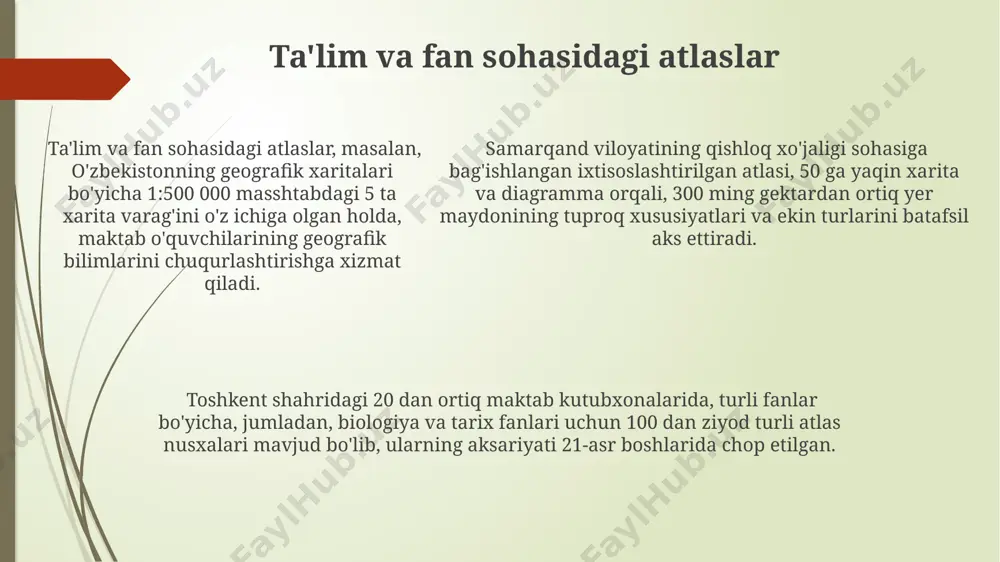 viloyatlarning infratuzilmasini rejalashtirishda muhim ahamiyatga ega. jahonning turli mintaqalari, jumladan, yevropa, osiyo va afrikaning 10 ga yaqin mamlakatlarining siyosiy-ma'muriy xaritalarini oʻz ichiga olgan atlaslar, xalqaro munosabatlarni oʻrganish va geosiyosatni tahlil qilishda foydalaniladi. geografik axborot tizimlari (gis) bilan birgalikda ishlatiladigan raqamli atlaslar, masalan, 5 million aholisi boʻlgan toshkent shahrining atrof-muhit monitoringi va tabiiy ofatlarni bashorat qilishda samarali vosita hisoblanadi. atlaslarni saqlash va himoya qilish qoʻlyozma atlaslarni zararkunandalar, jumladan, 10 dan ortiq turlari maʼlum boʻlgan hasharotlardan himoya qilish uchun maxsus insektisidlar yoki tabiiy usullar, masalan, lavlagi ekstrakti qoʻllanilishi mumkin. toshkentdagi amir temur nomidagi oʻzbekiston davlat sanʼat muzeyida saqlanayotgan 100 dan ortiq atlaslar maxsus shisha vitrinlarda, uv nurini qaytaruvchi qoplamalar bilan himoyalangan. 16-asrga oid buxoro atlaslarini saqlash uchun namlik darajasi 45-55% oraligʻida, harorat esa 18-22°s boʻlishi kerak, shuningdek, toʻgʻridan-toʻgʻri quyosh nuri tushmasligi muhim. raqamli atlaslar va ularning afzalliklari dunyoning istalgan nuqtasidan, masalan, london yoki sidneydan onlayn rejimida foydalanish mumkin bo'lgan raqamli atlaslar 1000 …