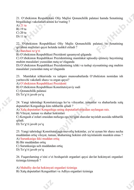 ri kengashlari va adliya organlari tizimiga c) xech qaysi tizimga kirmaydi. d) toʻgʻri javob yoʻq 27. har kim uchun vijdon erkinligi kafolatlanadi. bu.... a) shaxsiy huquq b) siyosiy huquq. c) ijtimoiy-iqtisodiy huquq. d) maʼmuriy huquq 28. oʻzbekiston respublikasi konstitutsiyasining muqaddimasi nima deb ataladi ? a) preambula b) deklaratsiya c) rekvizitsiya d) suvernitet 29. ushbu javoblarning qaysi biri shaxsiy huquqlarga kirmaydi ? a) saylov huquqi b) yashash huquqi c) daxlsizlik huquqi d) uy-joy daxlsizligi huquqi 30. yangi tahrirdagi konstitutsiyaning 8-moddasiga koʻra oʻzbekiston xalqini millatidan qatʼiy nazar..... a) oʻzbekiston respublikasiningn fuqarolari tashkil etadi b) oʻzbek fuqarolari tashkil etadi c) millatlararo touvlik tashkil etadi d) toʻgʻri javob yoʻq.