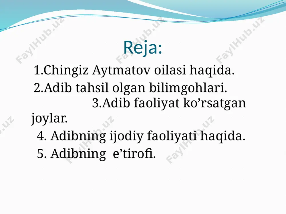 yuzma-yuz romanlar qiissalar birinchi muallim qiyomat ortiqchasini top 1.chingiz aytmatov asarlari: “alvido,gulsari” “birinchi muallim”, “adolat manzili” 2.ch. aytmatov qissalari: “momo yer”, “yuzma-yuz “, “qiyomat “. 3.ch. aytmatov romanlari: “qiyomat “, “kasandra tamg’asi”, “jamila”. uyga topshiriq ch. aytmatov oilasi haqida nimalar bilasiz? adib qayerlarda faoliyat ko’rsatgan? uning qanday asarlari bor? adib hayoti va ijodiga oid krassvord tuzib kelish. e’tiboringiz uchun rahmat image2.jpeg image3.jpeg