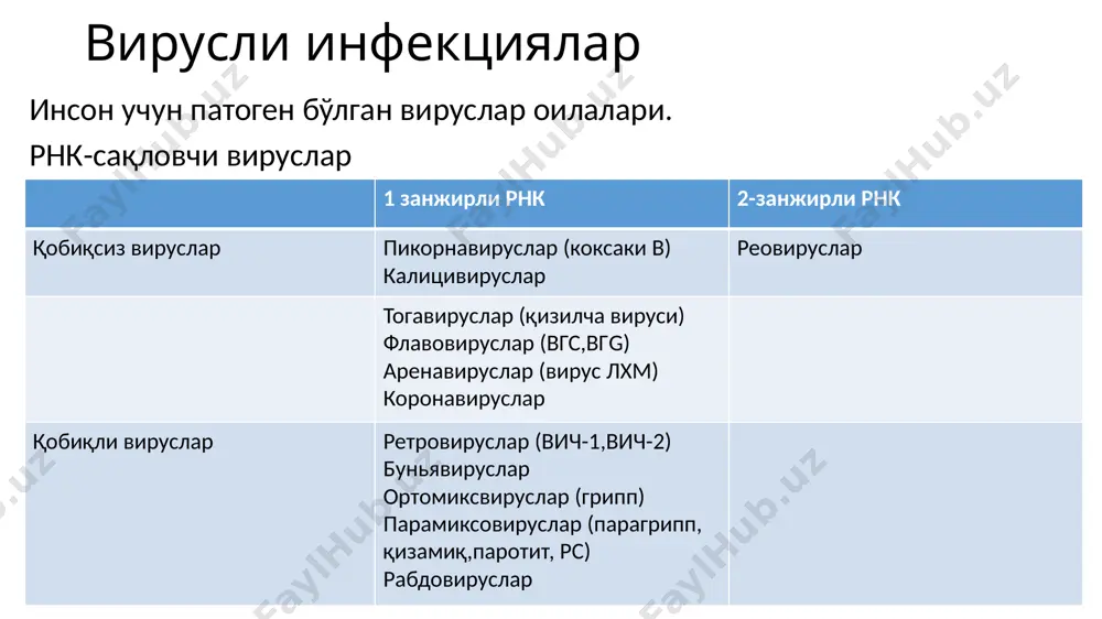 слар, реовируслар, цмв, энтеровируслар; геморрагик лихорадкалар: сариқ лихорадка , денге лихорадкаси, чикунгунь, рифт водийси лихорадкаси вируслари, кгл, огл, клб, ласса, хунин, мачупо, эбола, марбург; давоми-вируслар турли хил орган ва тизимларнинг зарарланишига олиб келади: диабет: коксаки в энтеровируслари, паротит, қизилча вируслари; тошмали инфекциялар (экзантемалар): энтеровируслар, реовируслар, қизилча вируси, вв-гз, вэб, денге лихорадкаси, вгв, №6 инсон герпесвируси, парвовирус в-19, впг, чин чечак вируслари, вакциналар, корамоллар чечаги; - анемиялар: парвовирус в-19; давоми-вируслар турли хил орган ва тизимларнинг зарарланишига олиб келади: артритлар: парвовирус rа-1, цмв, вирусы паротит, қизамиқ, қизилча, грипп вируслари, вв-гз, вэб, аденовируслар; эркаклар стериллиги: паротит вируси; урогенитал инфекциялар: впг-2, впг-1, цмв, впч, №8 инсон герпесвируси, вирус контагиоз моллюска вируси. инсон зарарланишининг асосий механизмлари қуйидагилар: -ҳаво-томчи, аэроген, ҳаво-чанг; - фекал-орал, алиментар, сув орқали; - биологик(трансмиссив); - гематоген: қон ва унинг компонентларини қуйилганда; - трансплантацион; давоми-инсон зарарланишининг асосий механизмлари қуйидагилар: - вена орқали наркотиклар юборилганда; - фетотерапияда; - жинсий ( вагинал, анал, орал алоқаларда, …