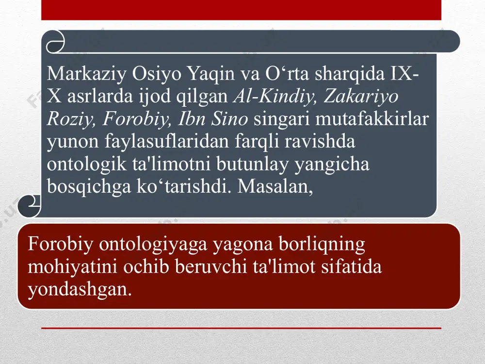 arsa yo‘qdir»; «aksidensiyani sezgilar oqrali his etish mumkin, substansiyani esa faqat aql anglab yetadi»; «masalan, olma - substansiya bo‘lsa, uning qizilligi esa aksidensiyadir». substansiyani talqin etishda falsafada ikki xil - ontologik va gnoseologik yo‘nalish bor. ontologik yo‘nalish bo‘yicha f.bekon substansiya borliqning eng tub asosida yotadi deb hisoblagan va substansiyani muayyan narsalarning shakli bilan aynanlashtirgan. r.dekart borliqning asosida ikki xil mustaqil substansiya: moddiy va ma'naviy substansiya yotadi deydi. moddiy substansiya borliqning ko‘lami bilan, ma'naviy substansiya esa tafakkur bilan belgilanadi. b.spinoza esa tafakkur va ko‘lam - ikki xil mustaqil substansiya emas, balki yagona substansiyaning ikki xil atributidir (atribut - ajralmas xususiyati degani). g.leybnitsning fikricha, olamning asosida ko‘plab mustaqil substansiyalar (monadalar) yotadi. borliq va yo‘qlik borliq tushunchasiga qarama-qarshi tushuncha - bu yo‘qlikdir. agar borliq tushunchasi nimaningdir mavjudligini ifodalasa, yo‘qlik tushunchasi esa o‘sha joyda nimaningdir mavjud emasli­gini anglatib, «nima»ning aksi bo‘lgan «hyech nima»ni aks ettiradi. borliq, yuqorida qayd etganimizdek, absolyut mazmunga ega bo‘lib, muayyan …