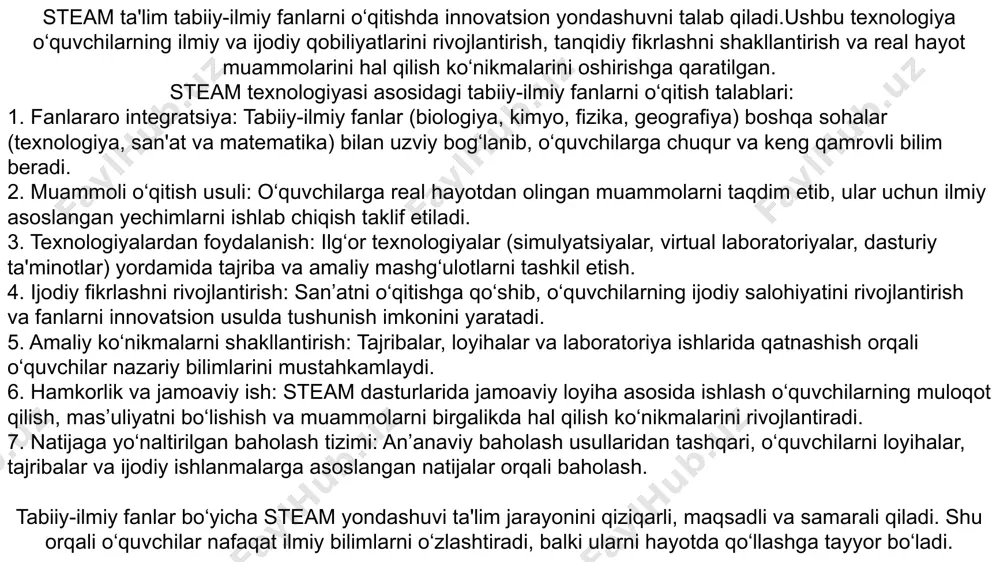 qlim o‘zgarishi va atrof-muhit ifloslanishi. tabiiy resurslarni ortiqcha ishlatish va chiqindilarni boshqarish. biologik xilma-xillikning yo‘qolishi. steam yechimlari fizika va kimyo: chiqindilarni qayta ishlovchi ekologik texnologiyalarni ishlab chiqish. muhandislik va san’at: yashil energiya texnologiyalari, masalan, quyosh panellari yoki shamol turbinalarini loyihalash. loyihalar: suvni tozalash tizimlari, ekologik toza qadoqlash materiallari, chiqindilarni boshqarish uchun robotlar. maktabgacha ta’limda steam texnologiyasi fanining vazifasi - talabalarga steam ta’lim texnologiyasidan foydalanish usullarini o‘rgatish, steam ta’lim texnologiyasini ta’lim-tarbiya jarayonida qo‘llashda turli xil faoliyatlarni integratsiyalash, maktabgacha yoshdagi bolalarni ilk tadqiqotchilik faoliyatiga tayyorlash vazifalarini bajaradi. steam bolalarda muhim xususiyatlar va ko‘nikmalarni rivojlantirishga yordam beradi: muammolarni keng qamrovli tushunish,ijodiy fikrlash,muhandislik yondashuv,tanqidiy fikrlash ilmiy metodlarni tushunish va qo‘llash,dizayn asoslarini tushunish.bu yondashuv kelajakda bolalarda hayotiy muammolarni hal etishda yordam beradi. bugungi kunda steam - ta’lim dunyodagi asosiy tendentsiyalardan biri sifatida rivojlanmoqda va amaliyot yondashuvni qo‘llashda beshta sohani yagona o‘quv sxemasiga integratsiyalashga asoslangan. bunday ta’limning shartlari uning uzluksizligi va bolalarning guruhlarda o‘zaro muloqot qilish …