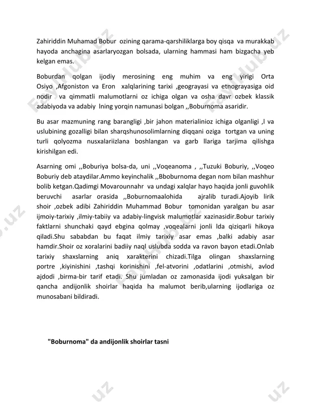 asrda yashab ijod etgan mashhur tarixshunos olim yuriy nikolayevich yakubovskiy va uning oʻzbekistonli shogirdi akademik sabohat azimjonova oʻzlarining ayrim asarlarida shu masalalar boʻyicha fikr izhor etib oʻtganlar. s.azimjonovaning“k istorii fergan! vtoroy polovinm xv veka” asari (toshkent, 1957) boburning andijonda yashagan davri, uning siyosiy va harbiy faoliyatiga bagʻish- langan. unda olima xv asr i yarmidagi andijon adabiy- madaniy hayoti toʻgʻrisida ayrim maʼlumotlar beradi. xv asr oʻrtalarida andijon viloyati, yaʼni hozirgi fargʻona vodiysi xuroson va movarounnahr va ular atrofidagi mamlakatlarning podshohi sultonabu said mirzoga qarashli edi. u ni ng oʻnta oʻgʻli boʻlgan. shulardan biri umarshayx mirzodir. sulton abu said a n d i j o n v i l o ya ti n i n g hukmdori etib shu oʻgʻli umarshayx mirzoni tayinladi. umarshayx qoʻl ostiga oʻzgand shahri va unga yaqin yerlar ham kirar edi. umarshayx mirzo qoshiga amirlar, noiblar belgilandi. bu voqea 1459-1469 yillar oʻrtasida yuz bergan.umarshayx mirzo andijon viloyatida oʻz …