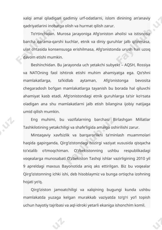 miz, ushbu mamlakatdagi murakkab vaziyatdan barchamiz tashvishdamiz, vaziyatni tezda o‘nglash va hokimiyatni qonuniylashtirish, mamlakatda ijtimoiy-iqtisodiy ahvolni yaxshilash maqsadida qirg‘iziston respublikasiga zarur yordam ko‘rsatishga tayyormiz. men qisqacha to‘xtalib o‘tmoqchi bo‘lgan navbatdagi masala – bu dunyodagi deyarli barcha mamlakatlarni tashvishga solayotgan inqirozdan keyingi davrda iqtisodiyotni tiklash muammolaridir. jahon moliyaviy-iqtisodiy inqirozining eng avj olgan davri asosan ortda qolganiga qaramay, inqirozdan chiqish va iqtisodiyotni rivojlantirishning murakkab, og‘ir va ancha uzoq kechadigan bosqichi hali oldinda ekani haqidagi ko‘plab nufuzli ekspert va tahlilchilarning fikrlari to‘g‘ri ekanligi tobora ayon bo‘lib bormoqda. ayni paytda ayrim mamlakatlarda ishlab chiqarishning pasayishi, yuqori darajadagi ishsizlikning saqlanishi, aholining real daromadlari kamayishi, moliya va bank bozorlarida jiddiy keskinliklar yuzaga kelishi kabi holatlar takrorlanishi ehtimoli ham yo‘q emas. muammoli va qaytarilmaydigan kreditlar hajmi keskin oshayotgan sharoitda bozorni katta miqdordagi pul bilan shishirish davom etayotgani, shuningdek, bank-moliya sektori faoliyati yetarli darajada nazorat qilinmayotgani spekulyativ kapitalning ko‘payishi, fond va xomashyo bozorlarida “pufaklar” paydo bo‘lishi uchun sharoit …