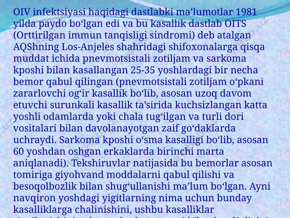 bu hujayralar odam organizmiga tashqi muhitdan tushgan yot moddalarni tanib olib, ularni yo‘q qilish vazifasini bajaradi. oiv-infektsiyasi aynan ushbu immun hujayralarini yemiradi. virus hujayraning ichiga kirib olgach, u yerdagi moddalardan (uglevod, yog‘, aminokislotalar va b.q) o‘zining ko‘payishi va shakllanishi uchun foydalanadi. hujayrada ko‘p miqdorda yangi viruslar hosil bo‘lgach, uni butkul yemirib, qonga chiqib ketadi. shu sababli himoya hujayralari o‘z vazifasini bajara olmaydi, shu bilan birga ularning soni ham keskin kamayib ketadi. organizmning himoya tizimi shikastlangani bois u tashqi muhitdan tushib turadigan turli mikroorganizmlarni “tanib olib”, o‘z vaqtida yo‘q qila olmaydi. natijada bemor tanasida sil, o‘rab oluvchi temiratki, gepatit, zotiljam, teri va ichki a’zolarning zamburug‘li kasalliklari, turli o‘smalar va boshqa shu kabi kasalliklar rivojlanib ketadi. bemorning tanasida namoyon bo‘luvchi belgilar aynan ana shu qo‘shimcha kasalliklarga xosdir. bemor oiv-infektsiyasi ta’siridan emas, aynan ana shu qo‘shimcha kasalliklarning asoratidan nobud bo‘ladi. kasallikning oxirgi davri, ya’ni immun tizimi hech qanday yot mikroblarga qarshi kurasha olmay, …