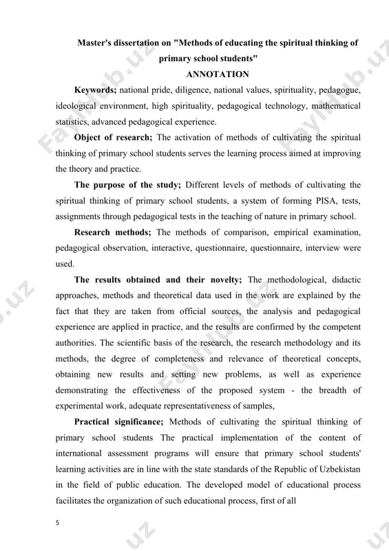 ilarini ma`naviy-tafakkur ruhda tarbiyalashning nazariy asoslari……… 1.1-§ boshlang`ich sinf o`quvchilarini ma`naviy tafakkurni tarbiyalash – pedagogik muammo sifatida................................................................................. 1.2-§ boshlang`ich sinf o`quvchilarini ma`naviy tafakkurni tarbiyalashning hozirgi ahvoli........................................................................................................................... 1.3-§ boshlang`ich sinf o`quvchilarining ma`naviy tafakkurini tarbiyalashda sharq ma`naviy axloqiy me`rosidan foydalanish…………………………..……………… i bob yuzasidan xulosalar………………………………………………………… ii bob. boshlang`ich sinf o`quvchilarini ma`naviy tafakkurini tarbiyalashda yangi pedagogik innovatsion texnologiyalardan foydalanishning shakl va metodlari…………………...………………………………………… 2.1-§ boshlang`ich sinf o`quvchilarini dars mashg`ulotlari jarayonida ma`naviy tafakkurini tarbiyalashning zamonaviy o`qitish texnologiyalari.................................. 2.2-§ boshlang`ich sinf o`quvchilarini sinfdan va maktabdan tashqari mashg`ulotlar jarayonida ma`naviy tafakkurni tarbiyalashda pedagogik innovasion texnologiyalardan foydalanish..................................................................................... 2.3-§ boshlang`ich sinf o`quvchilarining ma`naviy tafakkurini tarbiyalashda kitobxonlikning o`rni…………………………...…………………………………… ii bob yuzasidan xulosalar………………………………………………………... iii bob. boshlang`ich sinf o`quvchilarini ma`naviy-tafakkur ruhda tarbiyalashga doir pedagogik tajriba tahlili…………………………………………………………………………… 3.1- § pedagogik tajriba boshida boshlang`ich sinf o`quvchilarining ma`naviy-tafakkur tarbiyalanganlik darajasini aniqlash……………………............. 3.2.-§ . pedagogik tajriba yakuninig natijalari va tahlili……………..…………… ii bob bo‘yicha qisqacha xulosa…………………………………………… xulosalar.......................................................................................... foydalanilgan adabiyotlar ro`xati………..……........