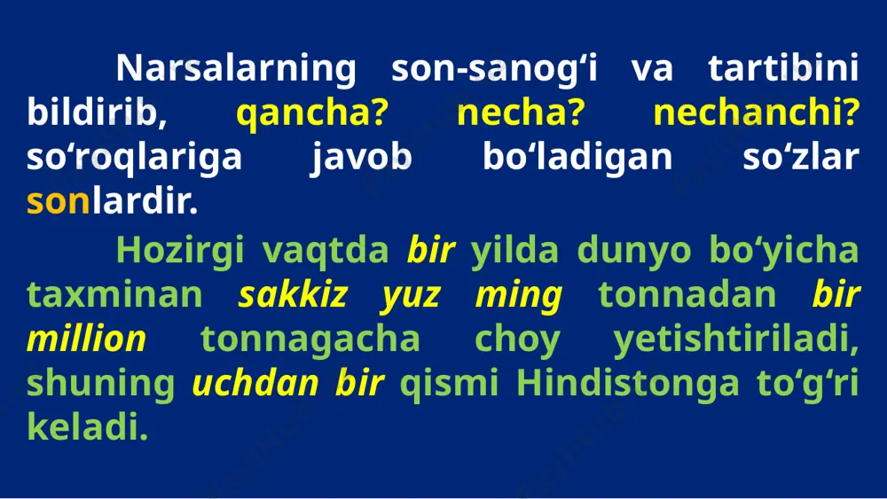l qilinadi. chama ma’nosi sonlarni juftlash bilan ham hosil bo‘ladi: bayroq dastasida, stanokda ming-minglab qo‘llar taftini sezaman. mashrab bilan akmal esa o‘n besh-yigirma bolaga javobgar. miqdor sonlar sanoq son dona son chama son taqsim son jamlovchi son kasr son narsalarning miqdorini taqsimlab ko‘rsatuvchi sonlar taqsim son deyiladi. u -tadan qo‘shimchasi orqali hosil qilinadi. ba’zan dona sonni takrorlash orqali ham hosil bo‘ladi azim har yelkasiga to‘rttadan odam sig‘adigan yigit bo‘libdi. ular ikkita-ikkita bo‘lib saf tortishdi. miqdor sonlar sanoq son dona son chama son taqsim son jamlovchi son kasr son narsalarning miqdorini jamlab ko‘rsatuvchi sonlar jamlovchi sonlardir. ular -ov, -ala, -ovlon qo‘shimchalari bilan hosil qilinadi. -ov, -ala qo‘shimchalari faqat ikkidan o‘ngacha bo‘lgan sonlarga qo‘shilib, jamlik ma’nosini ifodalaydi. ikkovining orasida hech qanday sir yotmaydi. uchovlari dalaning poynagiga qarab yurdilar. miqdor sonlar sanoq son dona son chama son taqsim son jamlovchi son kasr son butun miqdorning qismini ifodalovchi sonlar kasr son deyiladi. butun miqdorni …