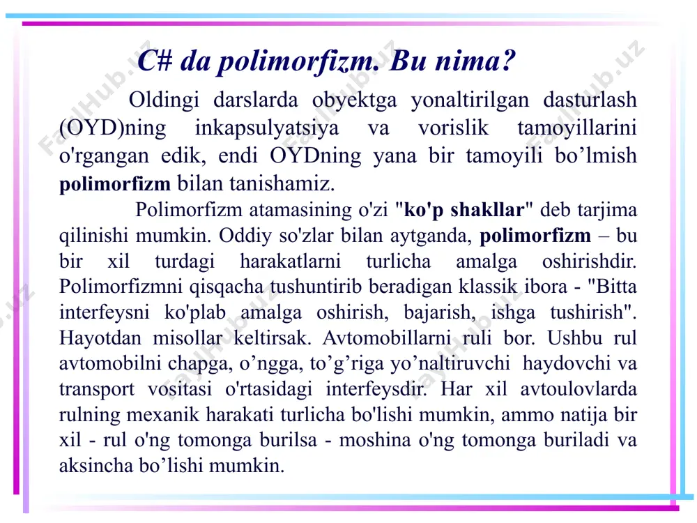 a qilish) mumkin emas. metodni qayta aniqlash – bu virtual sifatida aniqlangan metodni amalga oshirish(realizarsiyasi)dagi o'zgarish (voris sinfda metod asosiy sinfdagidan boshqacha ishlaydi). 4 с# da polimorfizm. bu nima? dasturlashda sinflar va interfeyslar aynan shu interfeysni ta'minlovchi tizim vazifasini bajarishi mumkin. bu erda sinflar haqida gap boradi. faraz qilaylik sinf e’loni mavjud, unda virtual yoki abstrakt metod e'lon qilingan. ushbu sinfdan yana bir nechta sinflar voris sifatida olinadi va ularning har birida virtual / abstrakt metod turlicha amalga oshiriladi. ma'lumki, ushbu sinflarning ob'ektlari bir xil nomdagi, ammo boshqacha bajarilish metodiga ega. bu polimorfizm. 5 с# da polimorfizm. bu nima? masalan, geometrik shakllar sinfi mavjud va unda shaklni chizadigan draw() metodi e'lon qilingan. uchburchak, to'rtburchak, doira sinflari ushbu sinfdan voris sifatida olingan. ularning har birida rasm chizish metod e’lon qilingan (tabiiyki, har bir shakl uchun chizish har xil bo'lishi aniq). natijada, biz ushbu sinflarning ob'ektlarini yaratishimiz mumkin va ularning barchasida tegishli …