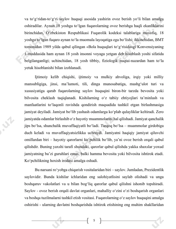 muassasalarda ushbu yo‘nalishda ilmiy ishlar, monografiyalar, dissertatsiyalar tayyorlangan. jumladan: s. s. saidov, a. x. rasulov, z. x. xoliqulov kabi olimlar saylov huquqi, saylov qonunchiligi va saylov komissiyalari faoliyatining huquqiy asoslarini o‘rganishgan. o‘zbekiston respublikasi markaziy saylov komissiyasi tomonidan nashr etilgan sharhlar, hisobotlar va metodik qo‘llanmalar ham amaliy va nazariy jihatdan muhim manba sanaladi. o‘zbekistonda 2019-yilda yangi tahrirdagi “saylov kodeksi”ning qabul qilinishi ham ushbu tizim bo‘yicha ilmiy, tahliliy ishlarga yangicha impuls bergan. kurs ishining tuzilishi: mazkur kurs ishi kirish, 2 bob, 6 paragraf, xulosa, foydalanilgan manba va adabiyotlar ro‘yxatidan iborat bo‘lib, hajmi 35 betni tashkil etadi. i bob. demokratik jamiyatda saylov tizimining o‘rni va ahamiyati. i.1. demokratik saylov tizimi tushunchasining mazmun-mohiyati. demokratik saylov tizimi tushunchasi — bu fuqarolarning davlat hokimiyatini shakllantirishda teng va erkin ishtirok etishini ta'minlaydigan siyosiy mexanizmdir. u demokratiya tamoyillariga asoslanib, saylov orqali xalq irodasini ifoda etish, vakillarni adolatli yo‘l bilan saylash va hokimiyatning qonuniyligini kafolatlash vazifasini bajaradi. demokratik saylov …