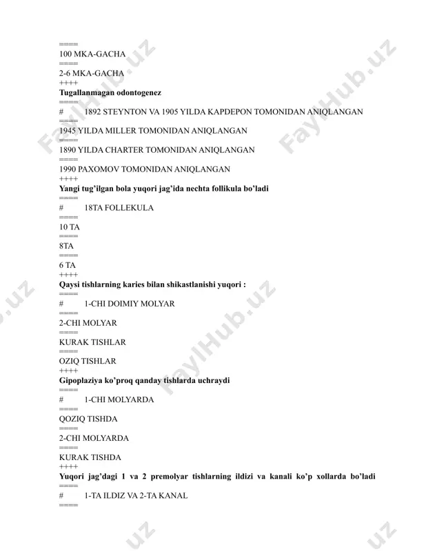 5 qism olib 1 qism efir qo’shib tozalash ==== 3 %li tetrat yoki limon kislotasi ho’llangan paxta bilan tozalash ==== 2-5 %li choy sodasi bilan artib ftorlak surtish ==== 75 % ftorli, 75 % strontsiyli surtma surtish ++++ v k patrikeev flyuorozni davolashda qanday usuldan foydalangan ==== # 3 %litetratyokilimonkislotasixullanganpaxtabilantozalash ==== 3 %li peroksid e-masidan 5 qism olib 1 qism efir ko’shib tozalash ==== 2-5 %li choy sodasi bilan artib, ftorlak surtish ==== 75 % ftorli, 75 % strontsiyli surtma surtish ++++ yuqorijag’ningmolyarlariko’pholatdabo’ladi ==== # 3 ildiz 3 kanal ==== 2 ildiz ==== 3 kanal ==== 2 ildiz 2 ta yaxshi o’tuvchi kanal ++++ necha juft so’lak bezi bor ==== # 3 juft katta va mayda so’lak bezlari ==== 2 ==== 4 ==== 5 ++++ konservativ davo sifatli bo’lishi uchun karioz dog’ini kattalash: ==== # 3 mm-gacha ==== 5 mm-gacha ==== 4 mm-gacha ==== 6 mm-gacha ++++ retentsiya holatidagi tish …