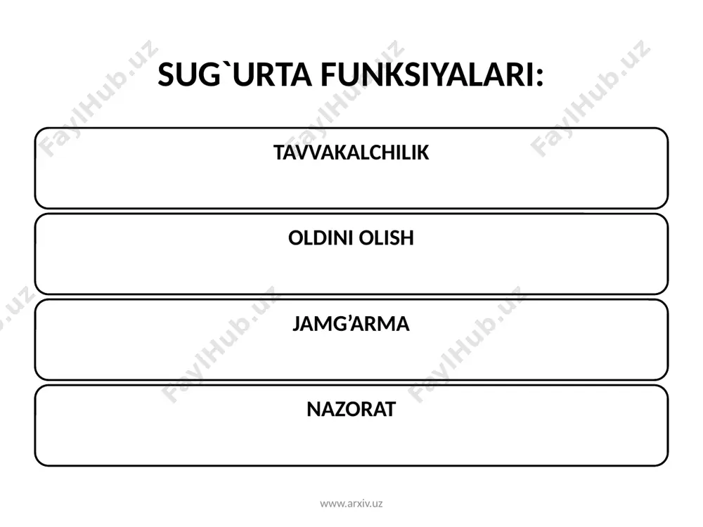 r, lizing kompaniyalari, sanoat va qishloq-xo‘jalik korxonalari yordami katta. 2009 yilda jamiyatning qishloq joylarida tashkil qilingan 22 ta hududiy bo‘limlari tomonidan aholi va korxonalarga 20 dan ziyod ixtiyoriy sug‘urta turlari bo‘yicha sug‘urta xizmatlari ko‘rsatildi. www.arxiv.uz image1.jpeg