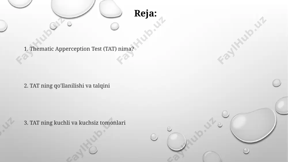 tushunishga yordam beradi va taxminan 50% hollarda diagnostika jarayonida qo'llaniladi. tat natijalarini talqin qilish tat natijalarini baholashda, psixolog 3 balli shkala bo'yicha (masalan, yuqori, o'rtacha, past) javoblarning aniqligi, murakkabligi va ichki ziddiyatlarni hisobga olib, individual xususiyatlarni aniqlaydi, bu esa diagnostika ishonchliligini oshiradi. tat natijalarini talqin qilishda, masalan, 5 ta kartadan olingan javoblarni tahlil qilishda, psixolog shaxsning ehtiyojlari, motivlari va munosabatlarini aniqlash uchun proyektiv usullardan, jumladan, freyd nazariyasidan foydalanadi. tat javoblarining mazmuni, obrazlarning xilma-xilligi, qahramonlarga bo'lgan munosabatlar, masalan, samarqanddagi bir tadqiqotda 100 ta test natijasi tahlil qilingan bo'lib, ularning 70%ida himoya mexanizmlari kuzatildi. tatning tarixi va rivojlanishi ikkinchi jahon urushi davrida tat qo'shinlarda psixologik baholash vositasi sifatida qo'llanilib, uning amaliy qiymati va diagnostik imkoniyatlari kengroq miqyosda o'rganildi. tatning rivojlanishi davomida, turli yosh guruhlari va madaniyatlar uchun moslashtirilgan yangi rasmlar to'plamlari yaratildi, bu esa uning global miqyosdagi qo'llanilishini kengaytirdi. tat 1930-yillarda, amerika qo'shma shtatlarida, henry murray va christiana morgan tomonidan shaxsning chuqur …