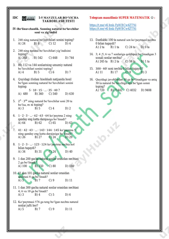 120; 96 va 180 sonlarining eng katta umumiy bo’linuvchisini (ekub) toping? a) 48 b) 32 c) 18 d) 12 5. 25; 18 va 45 sonlarining eng kichik umumiy karralisini (ekuk) topimg? a) 480 b) 320 c) 180 d) 120 6. 𝐸𝐾𝑈𝐾(20;24) 𝐸𝐾𝑈𝐵(20;24) nisbatning qiymati 𝑥 bo’lsa, 𝑥2 ning qiymatini toping? a) 576 b) 361 c) 729 d) 900 7. sarvar 16 ta kitob va 24 ta daftar bor. u barcha daftar va kitoblarini har bir do’stiga teng bo’linadigan qilib bo’lib bermoqchi. u eng ko’pi bilan nechta do’stiga daftar va kitob bera oladi? a) 8 b) 48 c) 72 d) 96 8. hasan 18 ga karrali sonlar qatorini, husan esa 15 ga karrali sonlar qatorini yozmoqda. ular tuzgan qatorlardagi birinchi umumiy sonni toping? a) 180 b) 90 c) 30 d) 270 9. [12; 30] kesmada 36 bilan o’zaro tub bo’lgan sonlar nechta? a) 6 ta b) 7 ta c) 5 ta …