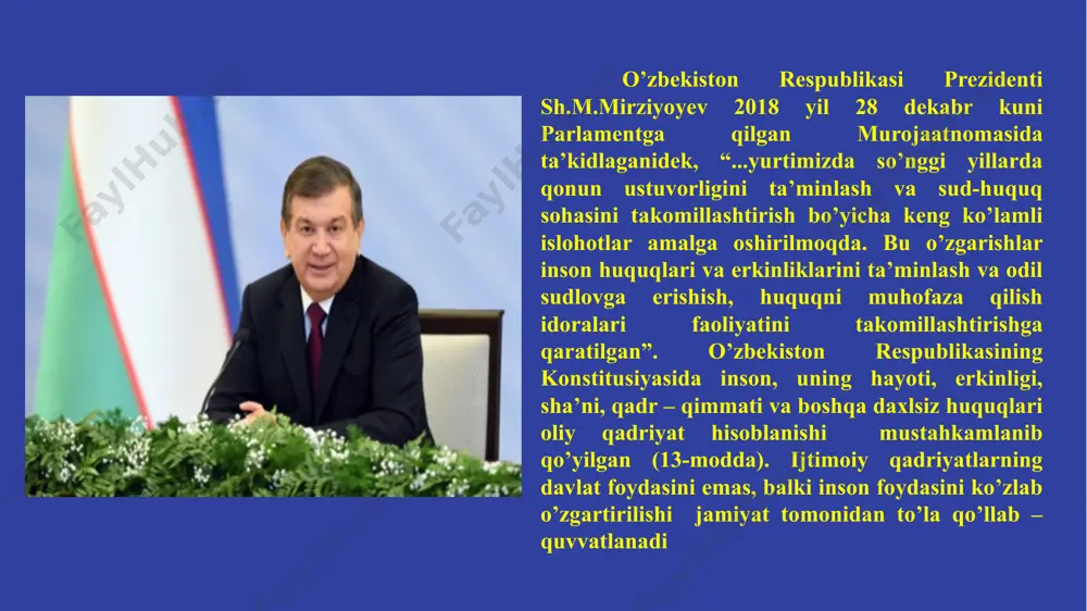 rining nufuzini oshirishga qaratilagan islohotlarning dastlabki bosqichida sud tuzilishiga oid asosiy tamoyillarining hozirgi zamon andozalariga va xalqaro huquq me’yorlariga mos bo’lishiga erishildi. unda, sud ishlarini yuritish, aybsizlik prezumpsiyasi, tortishuv jarayoni, himoya huquqi singari muhim tamoyillar mustahkamlandi, sudning demokratizmi, obyektivligi, har qanday fuqaroning sudga murojaat qilish imkoniyati kengaytirildi. shuni alohida ta’kidlash o’rinliki, sud hokimiyati sohasidagi chuqur tub o’zgarishlar birinchi va ikkinchi avlod qonunlari qatorida qabul qilingan o’zbekiston respublikasining jinoyat, ma’muriy javobgarlik, fuqarolik kodeslari, “fuqarolarning huquqlari va erkinliklarini buzadigan xatti – harakatlar va qarorlar ustidan sudga shikoyat qilish to’g’risida”gi, “advokatura to’g’risida”gi va boshqa qonunlar muhim ahamiyat kasb etdi va sud – huquq tizimini qayta qurish sud hokimiyatining mustaqilligini ta’minlash, sudning jamiyat va davlatdagi o’rnini belgilash va sud tizimini demokratlashtirish asoslarini yaratish jarayonida zaruriy qadam bo’ldi. hozirgi kunda axborot kommunikasiya texnologiyalari (akt) hayotimizning har bir sohasiga keng kirib kelib, mamlakatimizning iqtisodiy va ma’naviy yo’nalishlarini jadal sur’atda rivojlantirmoqda. bu boradagi keng ko’lamli ishlar sud …