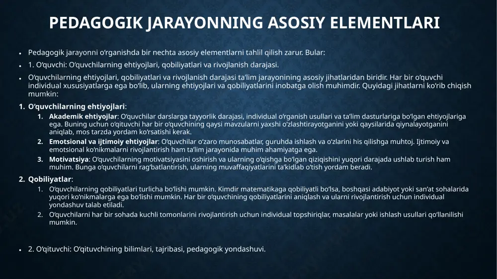 ilimlari — ta’lim berish uchun zarur bo‘lgan fan bilimlari va pedagogik asoslar. u o‘z fanini yaxshi bilishi, zamonaviy ta’lim metodlarini tushunishi zarur. tajribasi — o‘qituvchining amaliy ishlari, o‘quvchilarga ta’lim berish jarayonida to‘plagan bilim va ko‘nikmalari. tajribali o‘qituvchi o‘quvchilarning ehtiyojlarini tezda anglaydi va samarali o‘qitish metodlarini qo‘llaydi. pedagogik yondashuv — o‘qituvchining o‘quvchilarga nisbatan munosabati va o‘qitish uslubi. har bir o‘quvchining ehtiyojiga mos yondashish, motivatsiya va o‘zaro hurmat muhim. o‘qituvchining yondashuvi o‘quvchilarning rivojlanishi va muvaffaqiyati uchun katta ahamiyatga ega. o‘qituvchining pedagogik psixologiyasi (1) o‘qituvchining psixologik holati va uning o‘z-o‘zini nazorat qilish qobiliyati. o‘qituvchi qanday qilib stressni boshqarishi va o‘quvchilarga ijobiy muhit yaratishi kerak. o‘qituvchining pedagogik psixologiyasi psixologik tayyorgarlik: o‘qituvchining o‘z hissiyotlarini anglash va boshqarish. stressni boshqarish: o‘qituvchining stressli vaziyatlarda qanday muomala qilishini tushunish. o‘qituvchining muomala usullari (1) muomala usullarining turlari: 1. direktiva (yo‘naltiruvchi) usul: o‘qituvchi tomonidan boshqarilgan va yo‘naltirilgan muomala. muomala usullari ta’lim jarayonida o‘qituvchi va o‘quvchilar o‘rtasidagi samarali aloqani ta’minlashda muhim …