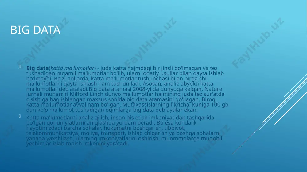 bu atama dunyoga kelgan vaqt 1974-yil hisoblanadi. o'sha yili daniyalik informatik, peter naur "a basic principle of data science" nomli kitobini chop ettirgan. 2010-yillar boshida katta ma'lumotlarni tarqalishi natijasida bu yo'nalish juda foydali va kelajagi bor biznesga aylandi. va o'shandi katta ma'lumotlar bilan ishlaydigan mutaxassislarga talab juda oshib ketdi. data science tushunchasiga ma'lumotlar omborini loyihalash va raqamlangan ma'lumotlarni qayta ishlashning barcha metodlari kiradi. ko'plab mutaxassislar fikricha, aynan data science big dataning biznes nuqtai nazaridan hozirgi zamonoviy o'rindoshi hisoblanadi. data mining(ma'lumotlarni topish) - biron qonuniyatni topish maqsadida ma'lumotlarni intellektual analiz qilishga aytiladi. isroillik matematik grigoriy pyatetskiy-shapiro 1989-yilda bu atamani fanga kiritgan. big data nima? aslida, atamaning ta'rifi yuzaga chiqadi: "katta ma'lumotlar" juda katta hajmdagi ma'lumotlarni boshqarish va ularni tahlil qilishni anglatadi. agar siz kengroq qarasangiz, bu juda katta hajm tufayli klassik usullar bilan qayta ishlanmaydigan ma'lumotlar. big data atamasi o'zi nisbatan yaqinda paydo bo'lgan. google trends ma'lumotlariga ko'ra, ushbu mashhurlikning faol …