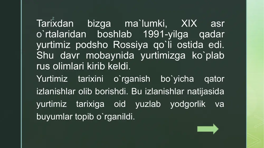 `rg`onini o`rgangan. z 1885 yilda veselovskiy arxeologik maqsadlarda turkiston o'lkasiga yuboriladi. ushbu sayohat natijalari qisman rossiya imperator arxeologiya jamiyatining nashrlarida e'lon qilindi. nikolay ivanovich samarqand yaqinida joylashgan qadimiy manzilgoh – afrasiyob xarobalarini qazish ishlarini olib bordi. u juda koʻp turli xil qadimiy ashyolar, jumladan, ossuariylar, uylarning loy va gʻisht devorlari, quduq qoldiqlari, umumiy suv omborlari (xovuz) va drenaj inshootlari qoldiqlarini topdi. 1891-1894 yillarda veselovskiy qoradengiz cho'lining eng yirik tepaligi - o'g'uz [3] ni qazish ishlari bilan shug'ullangan, 1895 yilda esa afrasiyobda qazish ishlarini davom ettirgan. z ettirgan. . u juda koʻp turli xil qadimiy ashyolar, jumladan, ossuariylar, uylarning loy va gʻisht devorlari, quduq qoldiqlari, umumiy suv omborlari (xovuz) va drenaj inshootlari qoldiqlarini topdi. 1891-1894 yillarda veselovskiy qoradengiz cho'lining eng yirik tepaligi - o'g'uz [3] ni qazish ishlari bilan shug'ullangan, 1895 yilda esa afrasiyobda qazish ishlarini davom z shuni tan olib aytishimiz kerakki , yurtimizda arxeologiyani fan sifatida shakillanishida ruslarning o`rni …