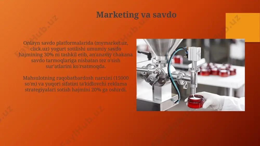 yaxshilaydi. proteinlarning koagulyatsiyasi bu jarayonda muhim rol o'ynaydi. sovutish va saqlash sterillangan idishlarda saqlangan yogurtlar 30 kungacha yaroqlilik muddatiga ega bo'lishi mumkin, ammo bu optimal sharoitlarda saqlanganda. yogurtni 5-7°c haroratda saqlash uning sifatini 2 haftagacha saqlab qolish imkonini beradi, lekin bu muddat yog'ning yog' miqdori va qo'shimchalarga bog'liq. mikrobiologik xavfsizlik yog'urt ishlab chiqarishda bakteriyalar sonini 10³ cfu/g dan kamroq saqlash, mahsulotning mikrobiologik xavfsizligini ta'minlash uchun muhimdir. listeriya monocytogenes kabi patogenlarning yo'q qilinishi uchun pasterizatsiya jarayoni 85°c da kamida 30 soniya davom etishi kerak. qatiqning turlari fermentatsiya jarayonida ishlatiladigan turli xil bakteriya shtammlari (masalan, lactobacillus bulgaricus va streptococcus thermophilus) qatiqning ta'mi, hid va tuzilishiga ta'sir qilib, xilma-xil turlarini yaratadi. qatiqning yog' miqdori 1-3% gacha bo'lgan kam yog'li va 10-15% gacha bo'lgan yog'li turlari mavjud bo'lib, iste'molchilarning turli xil afzalliklarini qondiradi. to'ldirish va qadoqlash yog'urtni turli xil hajmli (150ml, 250ml, 500ml) va materiallardan (plastik, qog'oz) tayyorlangan idishlarga to'ldirish, iste'molchilar ehtiyojlarini qondirish va …