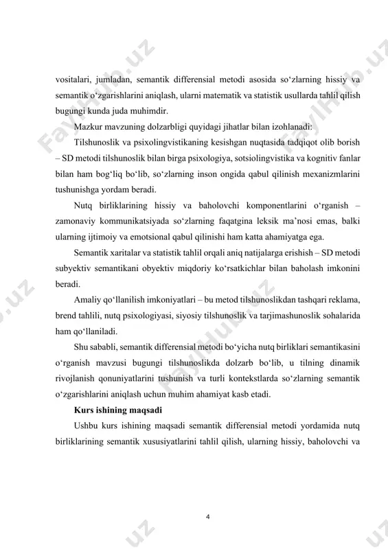 chun asosiy o‘lchovlarni aniqlash (baholash, kuchlilik, faollik va boshqalar). 3. semantik differensial metodining psixolingvistik va kognitiv asoslarini o‘rganish va ularning lingvistik tadqiqotlardagi ahamiyatini ochib berish. 4. so‘z va iboralarning konnotativ va denotativ ma’nolarini baholash hamda ularning hissiy va baholovchi xususiyatlarini tahlil qilish. 5. semantik xarita va statistik tahlil asosida natijalarni umumlashtirish va metodning amaliy qo‘llanilish imkoniyatlarini aniqlash. 6. semantik differensial metodining turli lingvistik sohalarda ishlatilish istiqbollarini baholash va kelajak tadqiqotlar uchun takliflar ishlab chiqish. asosiy qism 1. semantik differensial metodi: nazariy asoslar va mohiyat semantik differensial (sd) metodi psixolog va tilshunos charlz osgud tomonidan ishlab chiqilgan bo‘lib, u nutq birliklarining semantik maydonini aniq mezonlar asosida tahlil qilishga imkon beradi. ushbu metod asosida so‘z yoki iboralarga nisbatan shaxslarning hissiy va ma’no jihatidan reaksiyalari o‘lchanadi. bu turli ishlatiladi , sotsiologik tadqiqotlar ham marketing, ilmiy tadqiqotlar, foydalanuvchi tajribasi, davolash ham. ikki qadriyatlar bor lingvistik birliklar bildiradigan va shama qiluvchi xohlaydi: (so'zlar). belgilash - …
