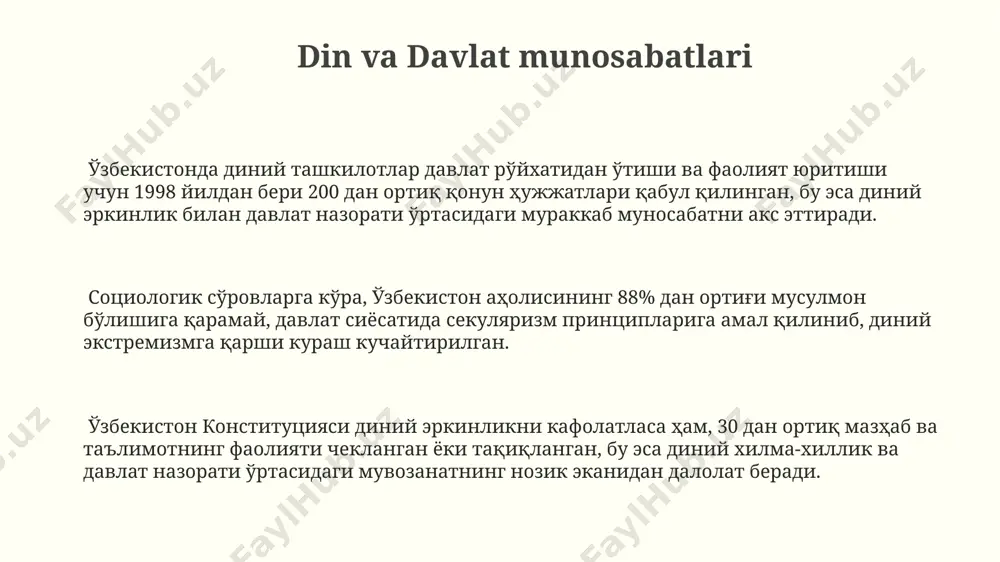 ish yoki qabul qilmaslik huquqini ta'minlaydi, bu esa tanlash erkinligining muhim jihatidir. so'nggi 10 yil ichida diniy tashkilotlar sonining 2 baravar ortishi, ijtimoiy hayotdagi rolini kuchayishi va shu bilan birga tanlash erkinligining amaliy jihatlarini tahlil qilish zarurligini ko'rsatadi. imon va tanlash erkinligi o'rtasidagi bog'liqlikni 70% dan ortiq aholining diniy e'tiqodga ega ekanligini hisobga olgan holda o'rganish muhimdir. erkinlikning imonga ta'siri imonga ega bo'lgan 70% dan ortiq odamlar erkinlikni ruhiy tinchlik va ma'naviy qoniqishni ta'minlash vositasi deb bilishadi, bu esa hayot maqsadini aniqlashga yordam beradi. erkinlik, diniy amallarni bajarishda 30% ga yaqin insonlarning shaxsiy tanlov erkinligini ta'minlaydi, bu esa ishonch va ma'naviy o'sishga ijobiy ta'sir ko'rsatadi. diniy bag'rikenglik va erkinlik darajasi yuqori bo'lgan jamiyatlarda ijtimoiy barqarorlik va huquqiy normalarning 25% ga ko'payishi kuzatiladi, bu esa imonga ijobiy ta'sir qiladi. imonning erkinlikka ta'siri din va davlat o'rtasidagi munosabatlarning 3 asosiy modeli mavjud: sekulyarizm, diniy davlat va diniy bag'rikenglik. har bir model insonlarning …