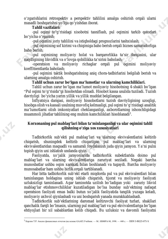 gilaydigan resurslar bo’yicha qilingan xarajatlar darajasini ko’rsatadi. investitsiya faoliyatidan olingan asosiy pul oqimlariga quyidagilar kiradi: a) asosiy vositalarni, nomoddiy va o’zga uzoq muddatli aktivlarni xarid qilishga pul to’lovlari. bu to’lovlar tajriba-konstruktorlik ishlariga ajratilgan sarmoyalashtirilgan xarajatlar, shuningdek xo’jalik sudi bilan amalga oshirilgan qurilishlar bilan bog’liq bo’lgan to’lovlarni o’z ichiga oladi; b) asosiy vositalarni, nomoddiy va o’zga uzoq muddatli aktivlarni sotishdan olingan pul tushumi; 2 ўзбекистон республикаси бухгалтерия ҳисобининг миллий стандарти 9-сон бҳмспул оқими тўғрисидаги ҳисобот. ўзбекистон республикаси молия вазирлиги томонидан тасдиқланган 16.10.1998 й. c) boshqa sub’ektlarning aktsiyalari yoki qarz majburiyatlarini hamda qo’shma korxonalarda ishtirok etish huquqini sotib olishga doir pul to’lovlari, pul ekvivalentlari hisoblangan yoki dilerlik maqsadlariga yoki savdo maqsadlariga saqlab qo’yilgan to’lov hujjatlari bo’yicha to’lovlar (veksellar kabi hujjatlar bo’yicha to’lovlar)dan tashqari; d) boshqa sub’ektlarning aktsiyalari va qarz majburiyatlarini hamda qo’shma korxonalarda ishtirok etish huquqini sotishdan kelgan pul tushumlari, pul ekvivalenti hisoblangan yoki dilerlik yoki savdo maqsadlari uchun saqlanayotgan veksel kabi …