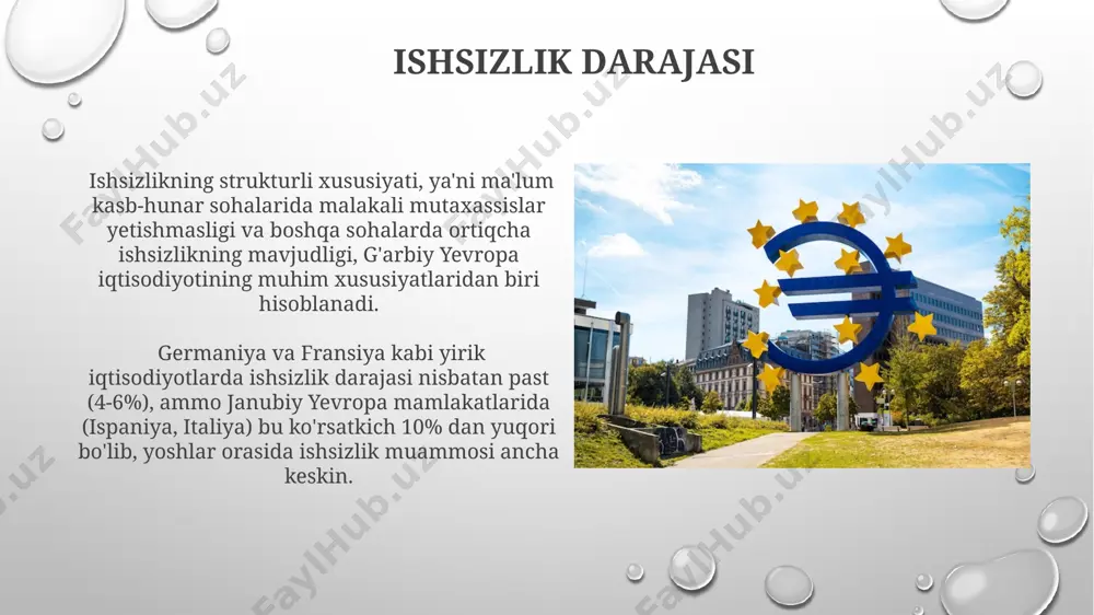 dan pastda yashovchi aholining ulushi o'rtacha 10% atrofida bo'lib, bu iqtisodiy tengsizlikning yuqori darajalarini ko'rsatadi. ish haqi va daromadlar минтақадаги ишсизлик даражаси ўртача 7% атрофида бўлиб, бу кўрсаткич айрим давлатларда паст, айримларида юқори бўлиши мумкин. ғарбий европанинг кўплаб давлатларида одам бошига яим 50 000 ақш долларидан юқори бўлиб, бу юқори яшаш даражасини ва бойликнинг юқори концентрациясини билдиради. iqtisodiy siyosat yevropa ittifoqiga a'zo g'arbiy yevropa mamlakatlarining 70% dan ortig'i monetar siyosatni yevropa markaziy banki orqali amalga oshiradi, bu esa milliy valyuta kurslarini nazorat qilishga yordam beradi. so'nggi o'n yillikda g'arbiy yevropa davlatlarida ijtimoiy xavfsizlik tizimlariga 20% dan ortiq mablag' sarflandi, bu esa byudjet taqchilligini keltirib chiqardi. g'arbiy yevropa mamlakatlarining iqtisodiy umumiy ko'rinishi g'arbiy yevropa mamlakatlari xizmat ko'rsatish sohasiga kuchli bog'liq bo'lib, uning ulushi umumiy yaimning 70% dan oshiq qismini tashkil etadi, sanoat va qishloq xo'jaligi nisbatan kamroq hissa qo'shadi. g'arbiy yevropa mamlakatlari jahon yalpi ichki mahsulotining (yaim) 25% dan ortig'ini tashkil …
